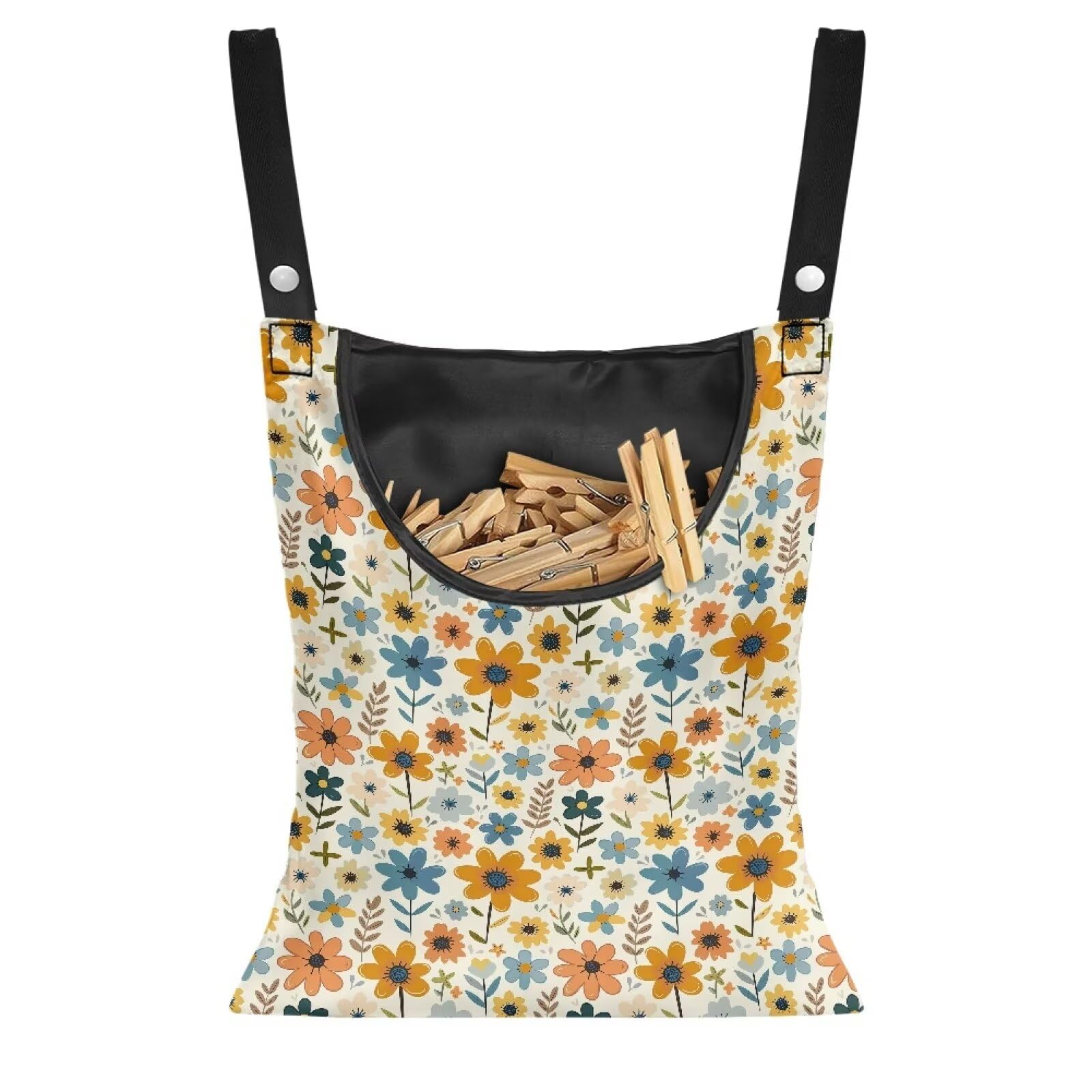 Floral Print Clothespin Bag Laundry Hanging Storage Organizer with Rope Holder and Extra Large Opening for Clothesline Outdoor Storage with Hanger Hook