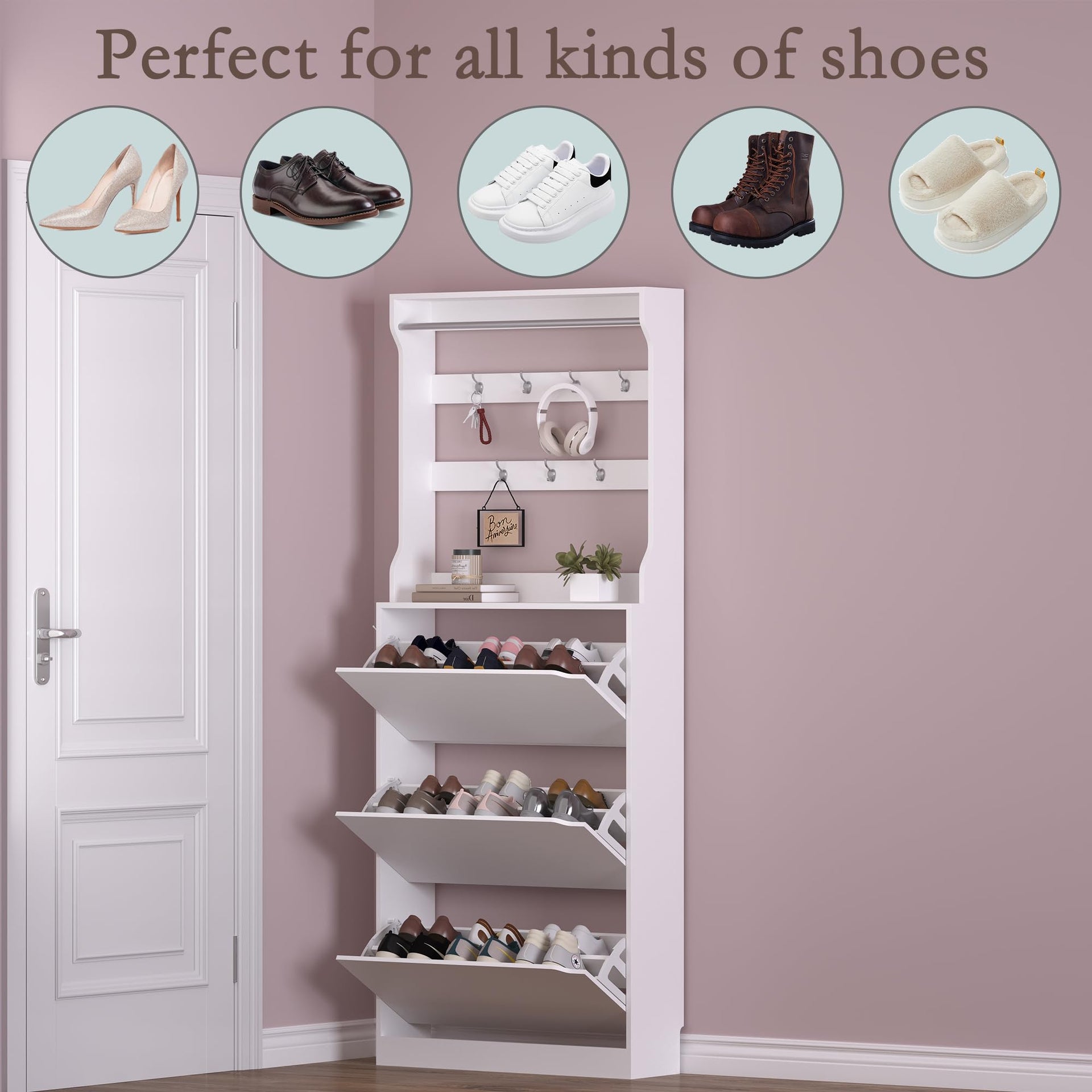 Shoe Cabinet with 3 Flip Drawers & Coat Rack