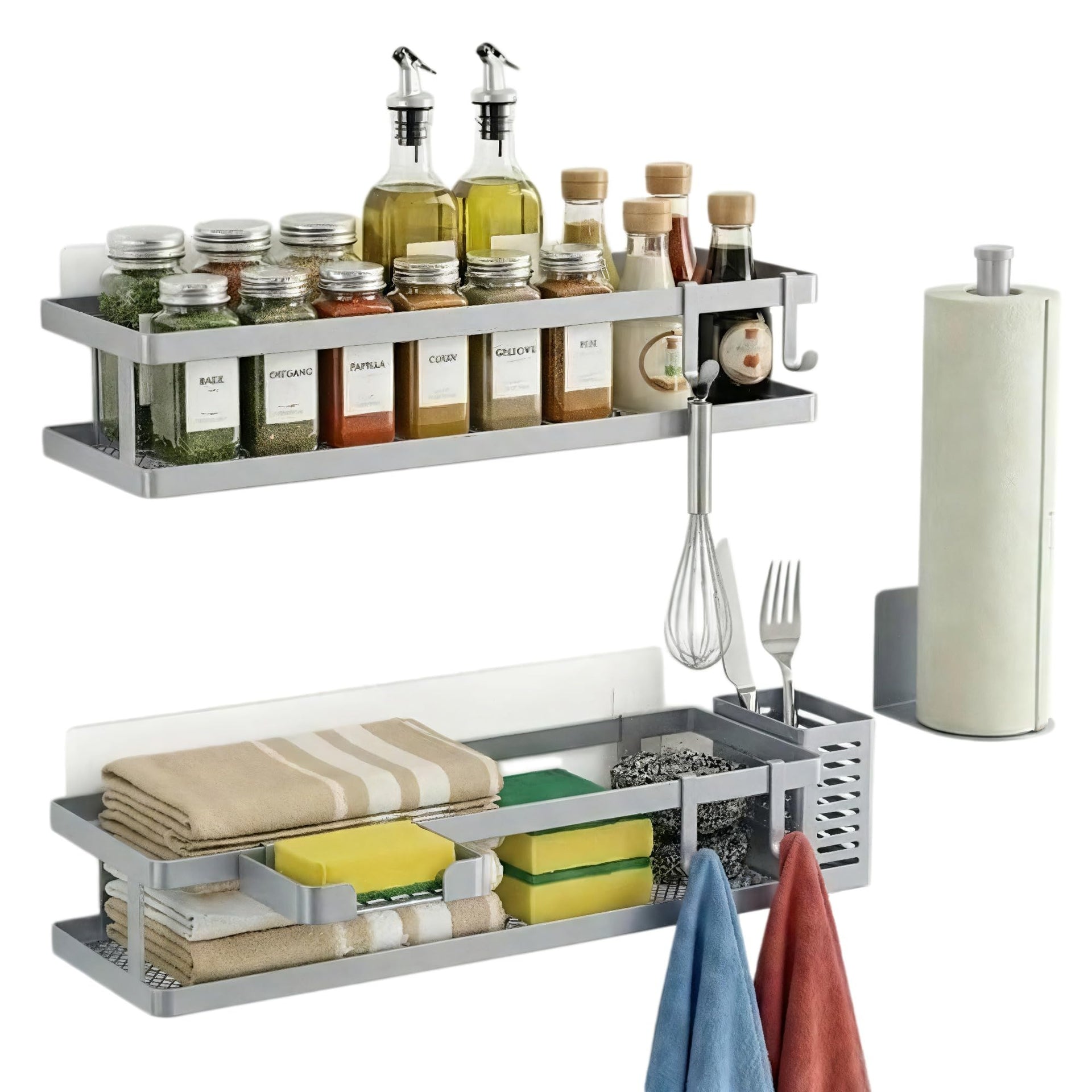 5-in-1 16.5" Extra Long Kitchen Organizer & Shower Caddy Set, Wall Mount Spice Rack with Paper Towel Holder, Utensil Holder & Soap Dish, Rustproof Mesh - Silver Gray, Guardrail