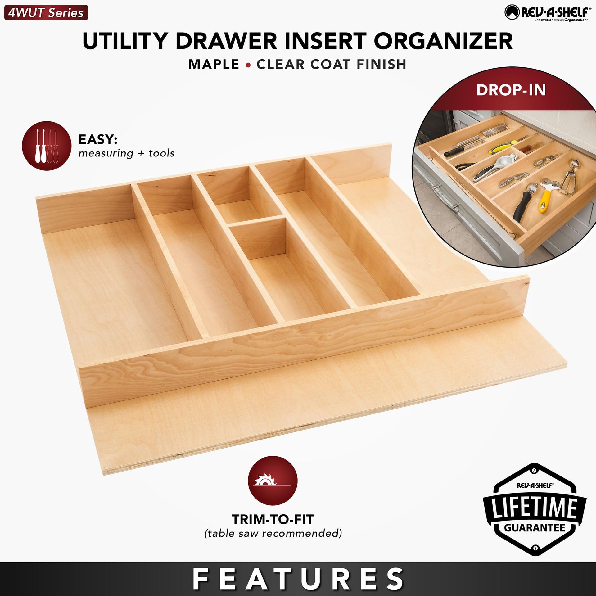Trim-to-Custom-Fit Silverware Drawer Organizer For Kitchen Utensils, Cutlery Cabinet Storage Divider Insert, 23.98 x 21.97 In, Maple Wood, 4WUT-3