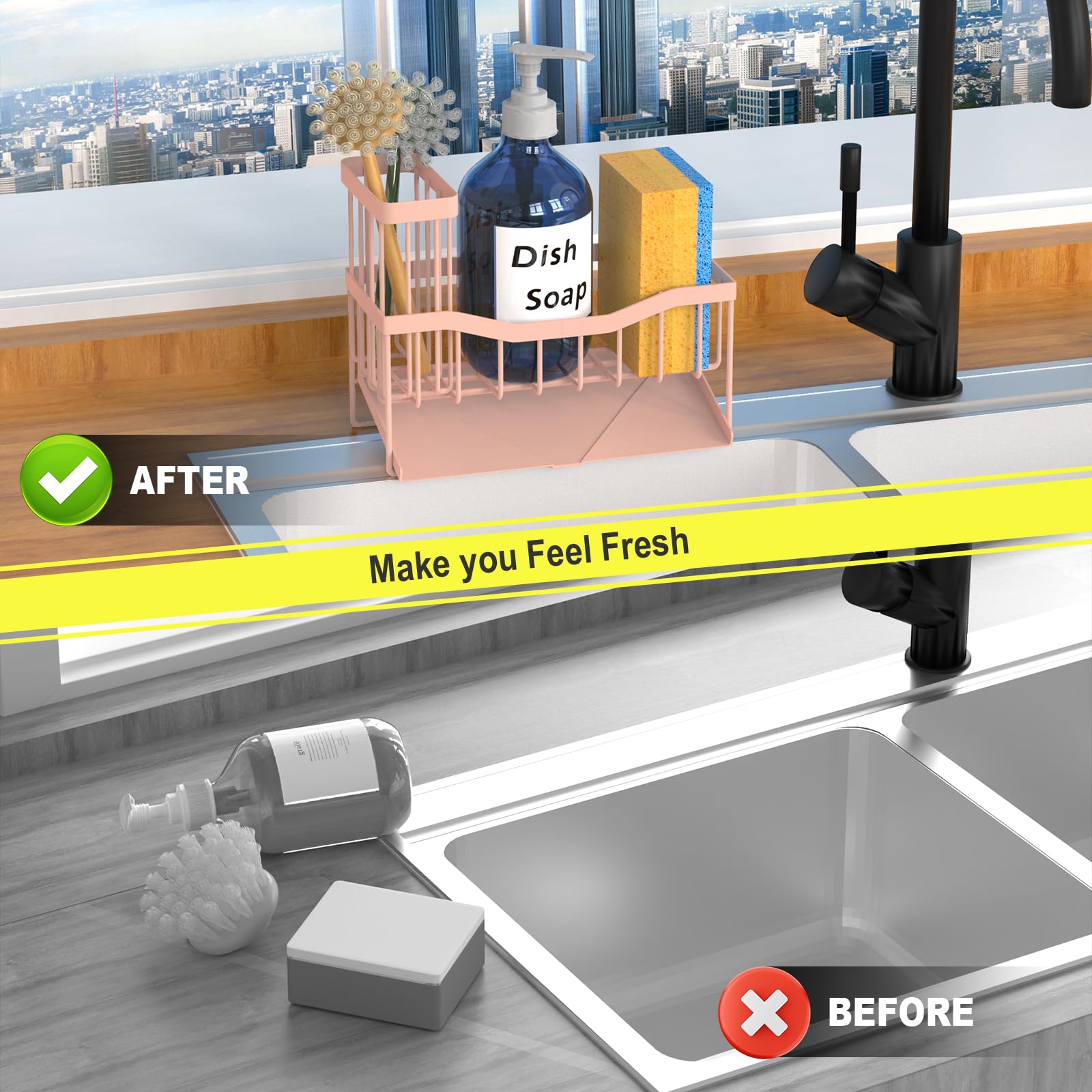 Maifan Sink Caddy Sponge Holder for Kitchen with Brush Holder and Stainless Steel Self Drain Tray
