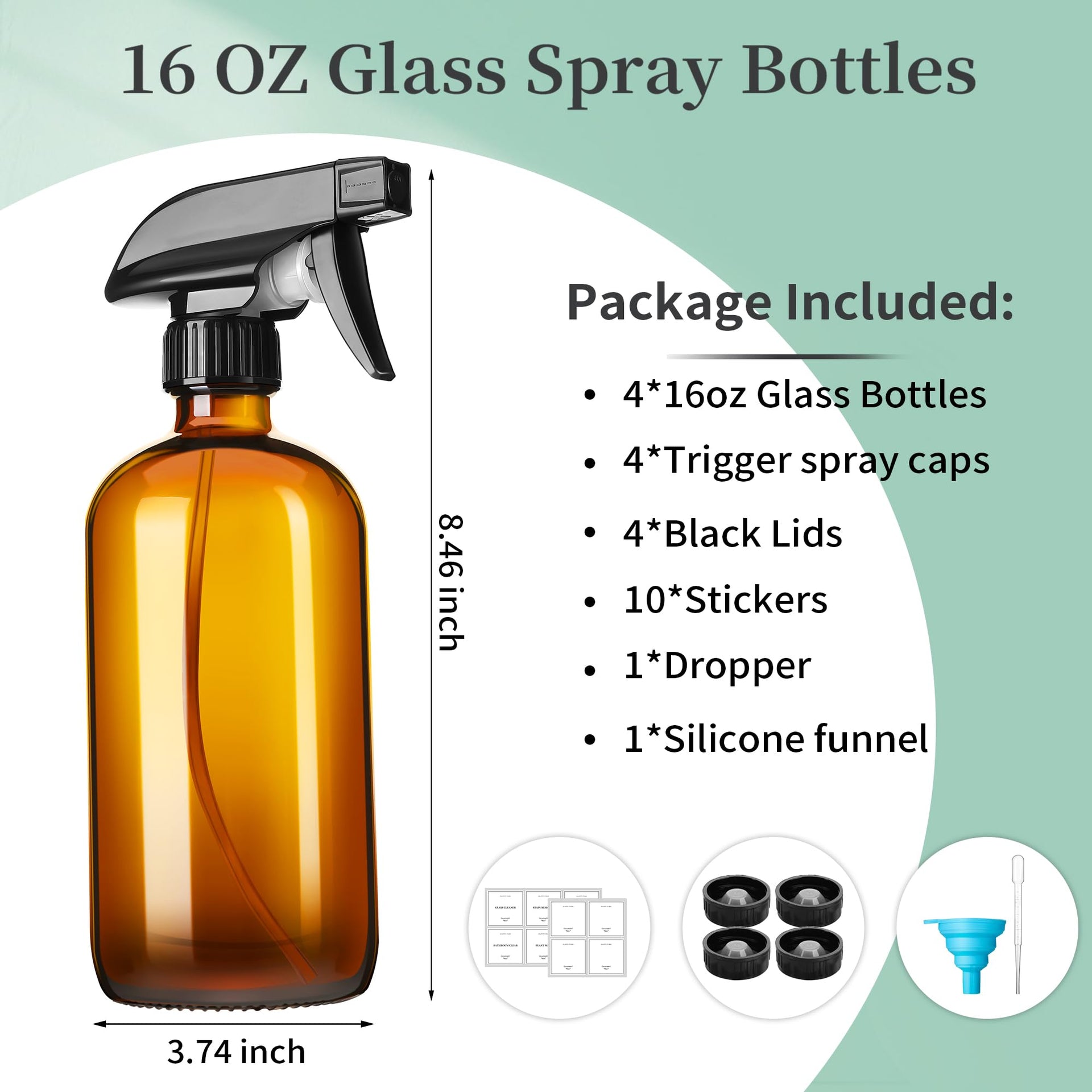 16oz Amber Glass Spray Bottles (4 Count)