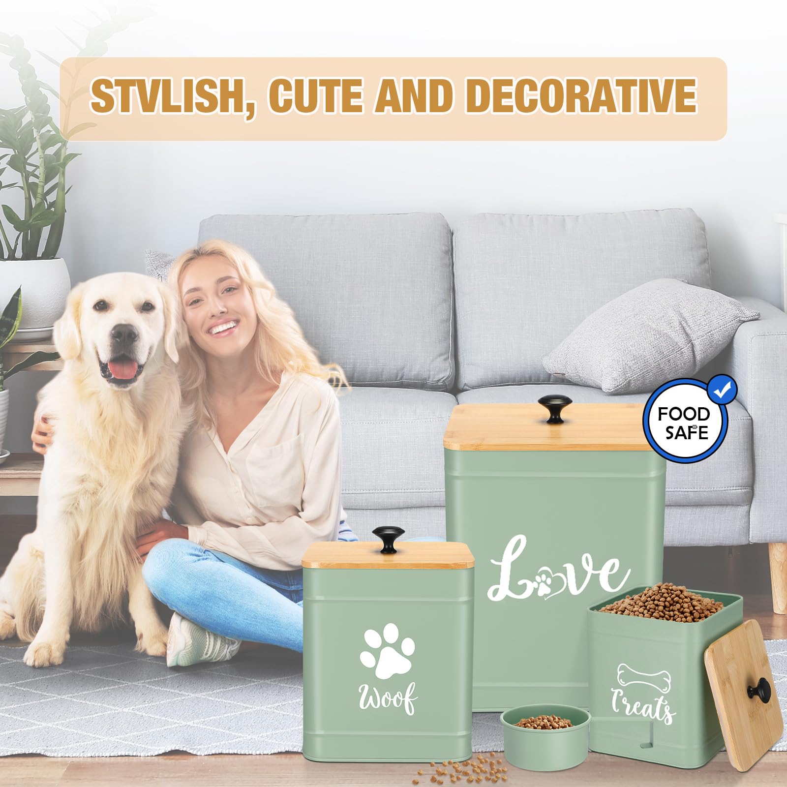 Metal Dog Treat Containers Set of 3 with Bamboo Lids and Spoon Airtight 7+3+2 lbs Dog Food Snack Jars with DIY Labels Big Pet Cookie Storage Jar for Kitchen Counter (3 Count)