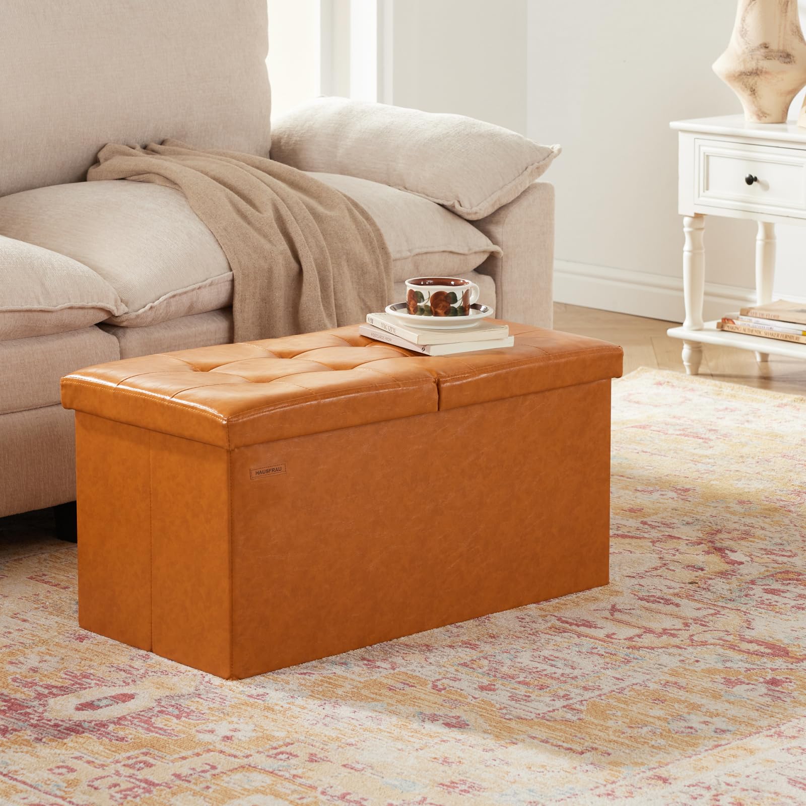 Ottoman with Storage Bench Folding Foot Rest Stool Cognac Brown