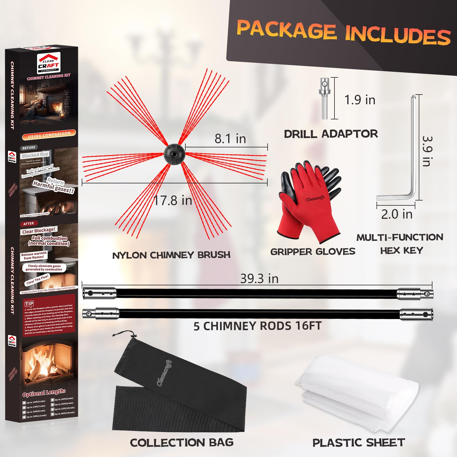 Chimney Sweep Kit 16 Feet (5 Count)