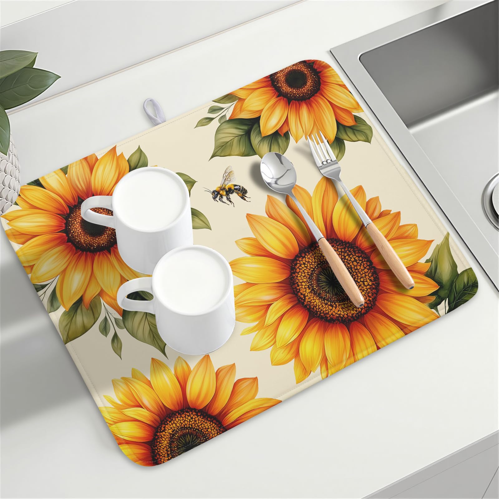 Sunflower Dish Drying Mat 18x24 Inch Absorbent Reversible Summer Drying Mat Sunflower Bee Dish Drying Rack Mat Yellow Summer Themed Dish Drainer Mat for Kitchen Counter Coffee Bar