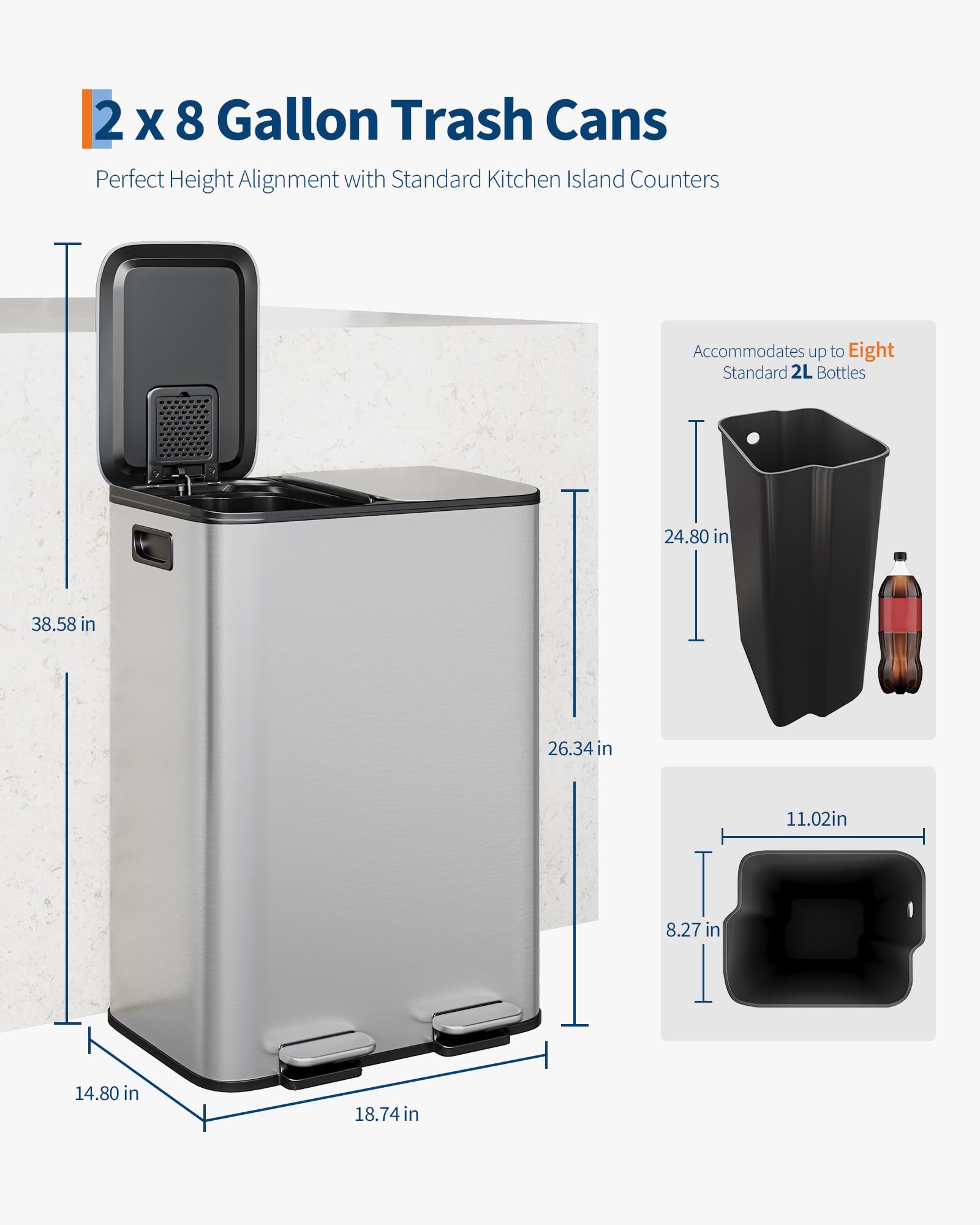 2 x 8 gal Stainless Steel Double Trash Can with Lid for Kitchen