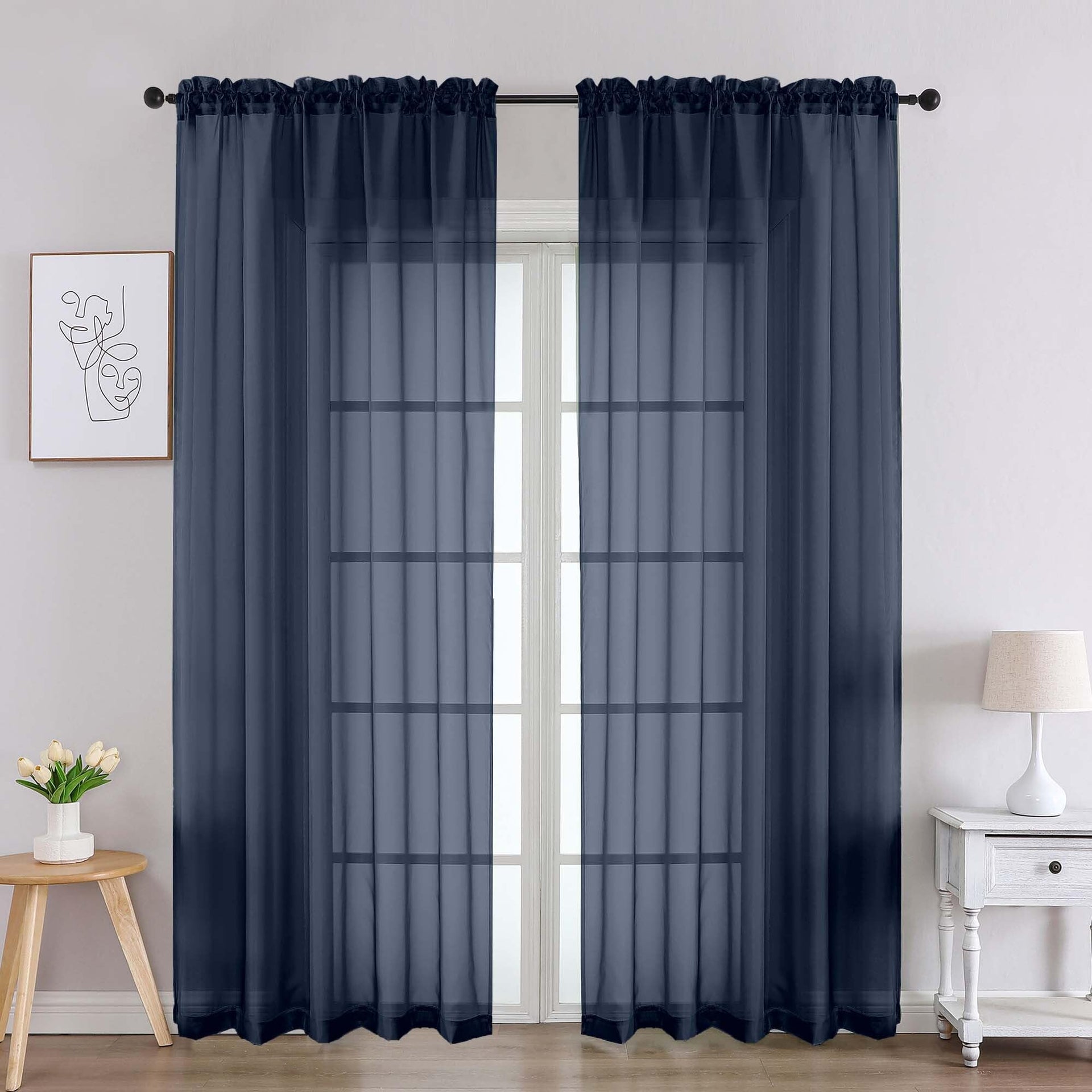 Navy Blue Sheer Curtains 84 Inches Long 2 Panels (2 Count)