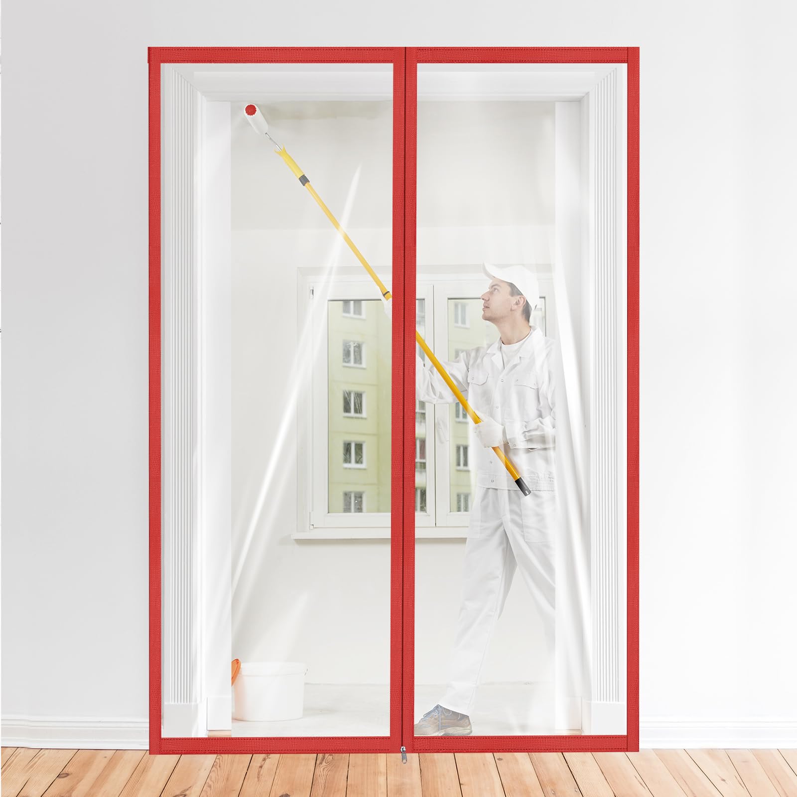 Zipper 60 x 102 Inch Dust Barrier Kit Red Edged Temporary Construction Door Barrier 5 x 8.5 ft Reusable Plastic Curtain Cover Containment Doorway Wall Screen Sheeting for Bathroom Hallway