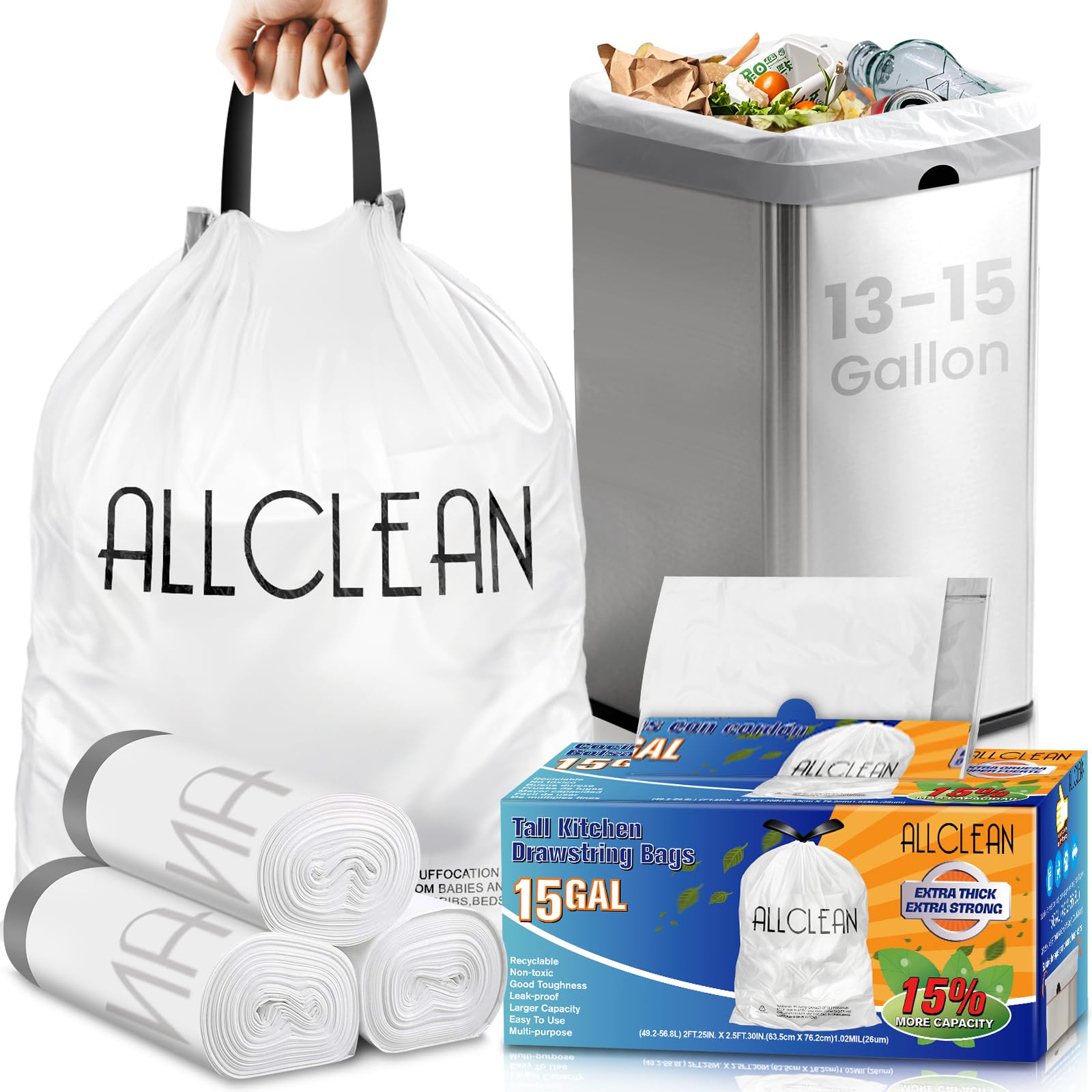 Trash Bags 15 Gallon Tall Kitchen Drawstring Garbage Bag Fit 13 (30 Count)