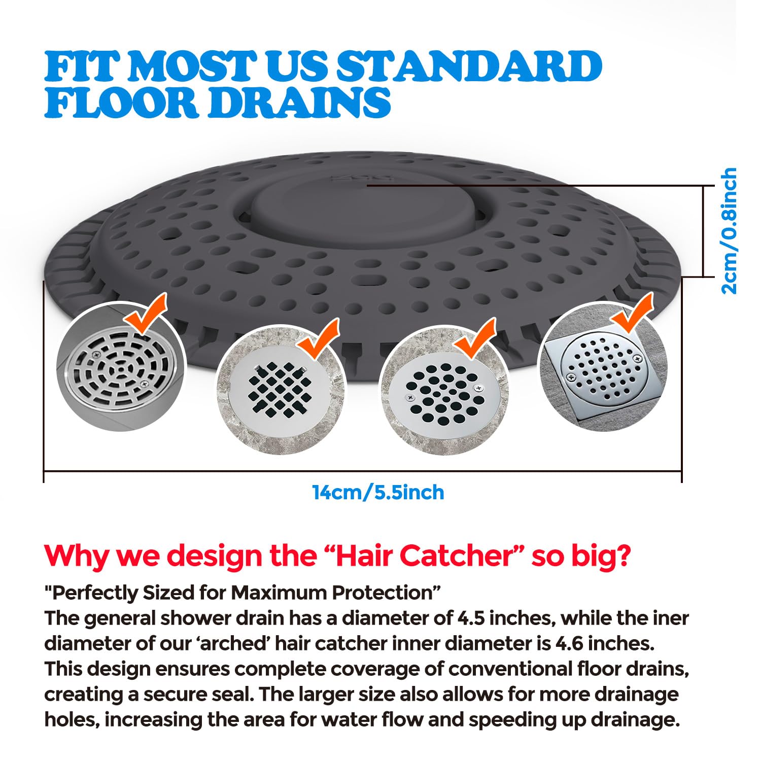 Shower Drain Hair Catcher Silicone Flat Floor Strainer Protector (2 Count)