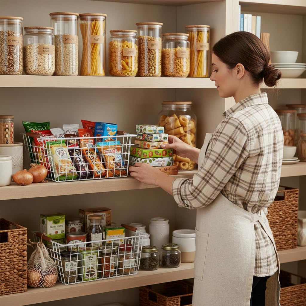 Large white wire baskets with Wooden Handles for storage pantry