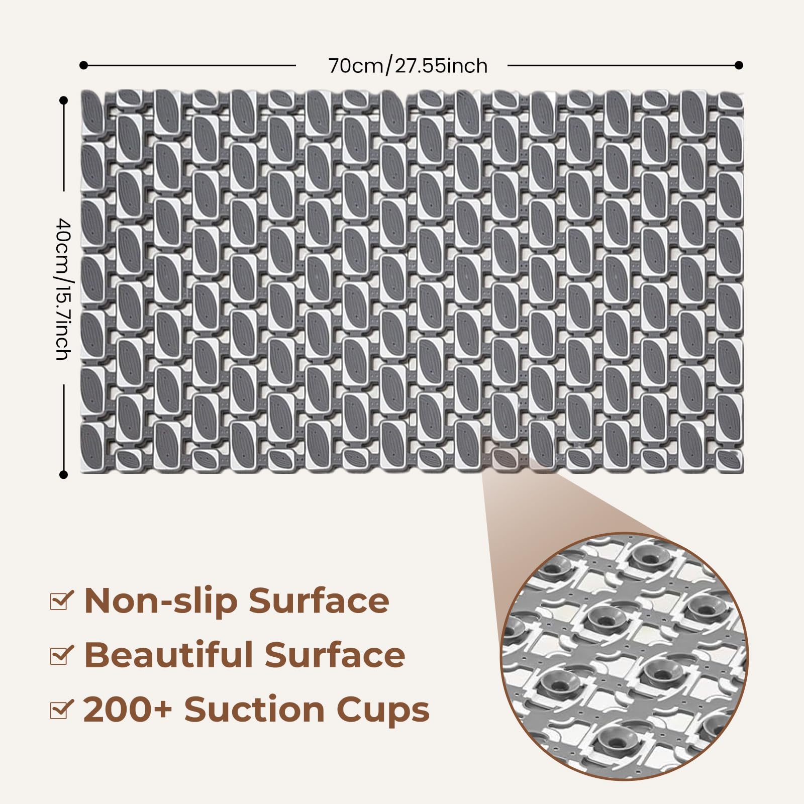 Bathtub Mats Non Slip for Bathroom with Suction Cups and Drain Holes 27.6 * 15.7 Inch Shower Mat for Inside Shower