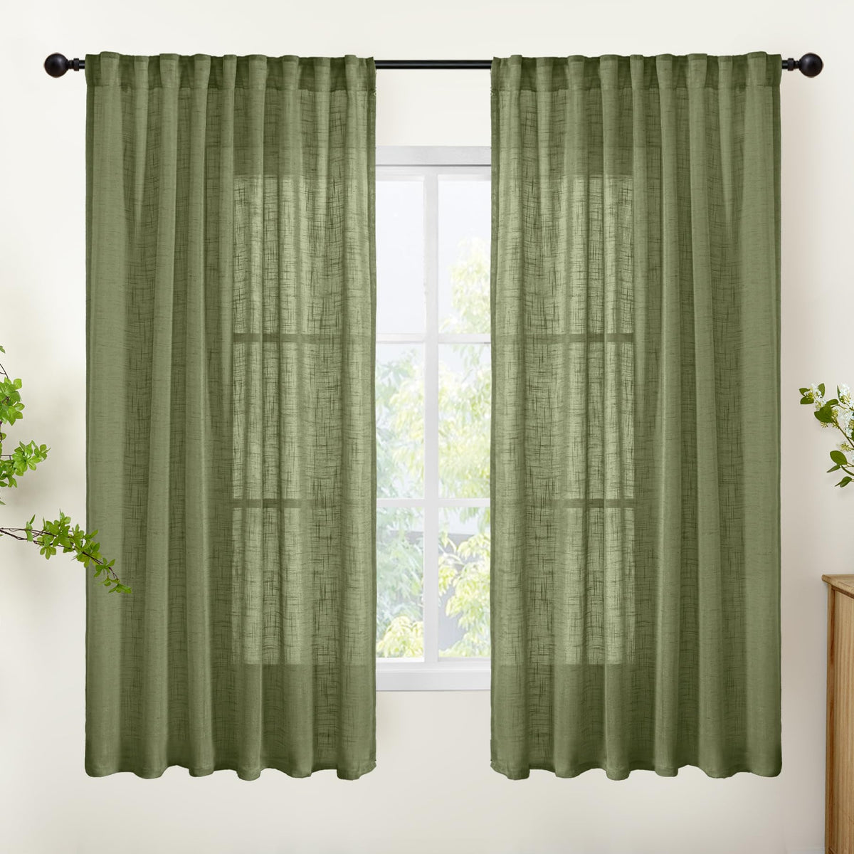 Olive Green Linen Semi Sheer Curtains 63 Inch Length (2 Count)
