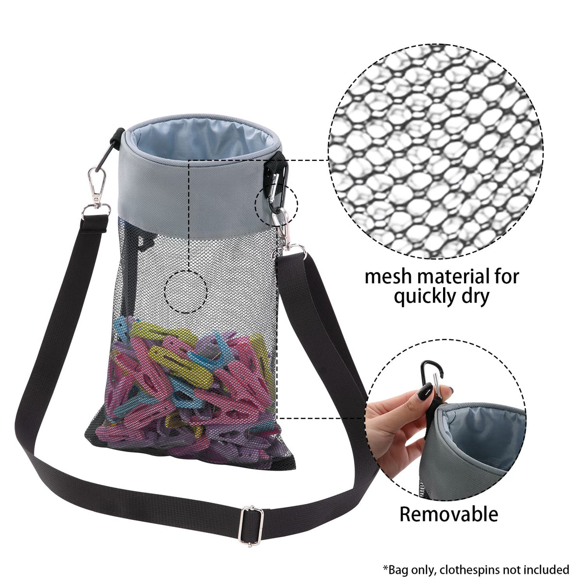 Mesh Clothespin Bag with Hooks Hanging Clothes Pin Bag with Drawstring Closure Clothespin Holder