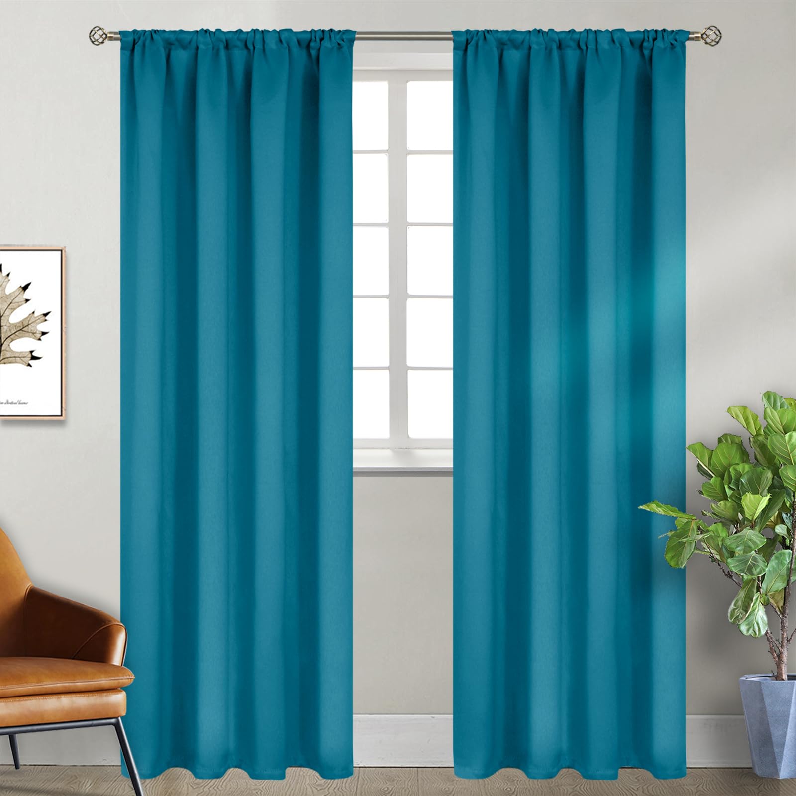 Teal Blue Blackout Curtains 90 Inch Length for Living Room (2 Count)
