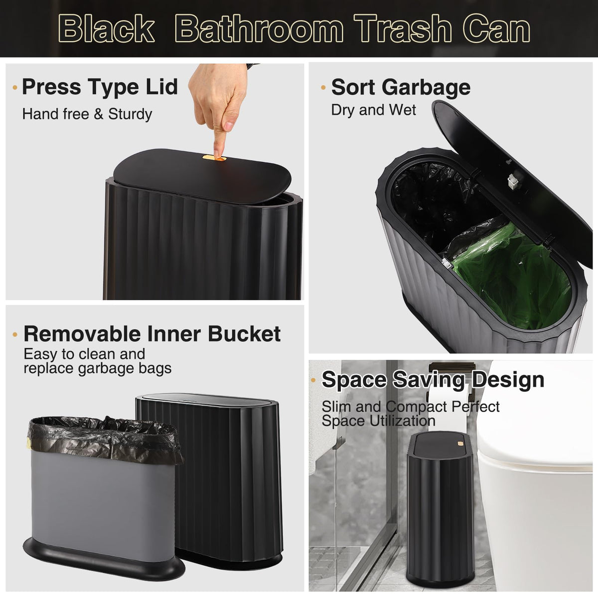Small Bathroom Trash Can with Press Type Lid (3 Count)