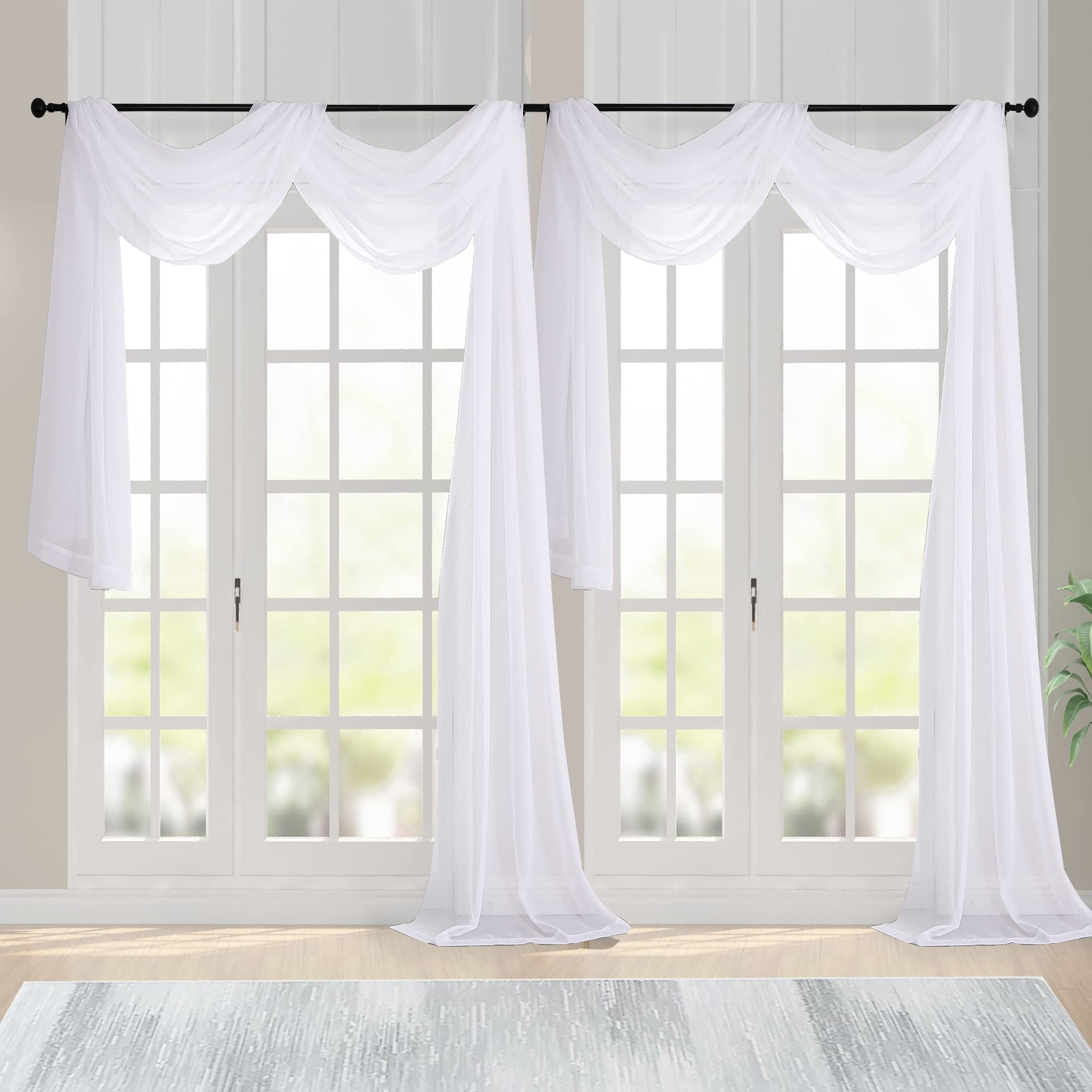 White Sheer Scarf Valances for Windows 216 Inch Extra Long (2 Count)