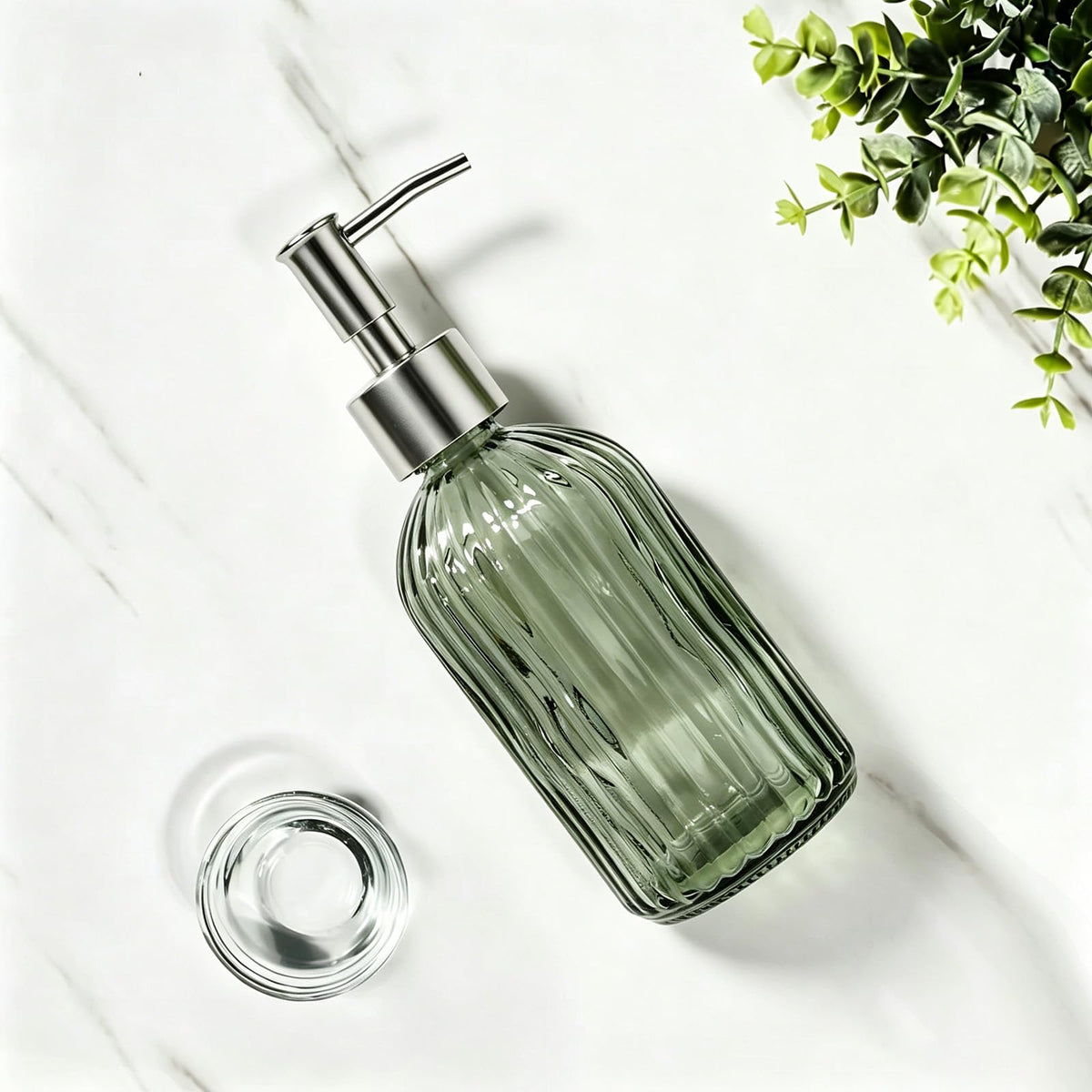 14 Oz Green Glass Soap Dispenser with Silver Plastic Pump