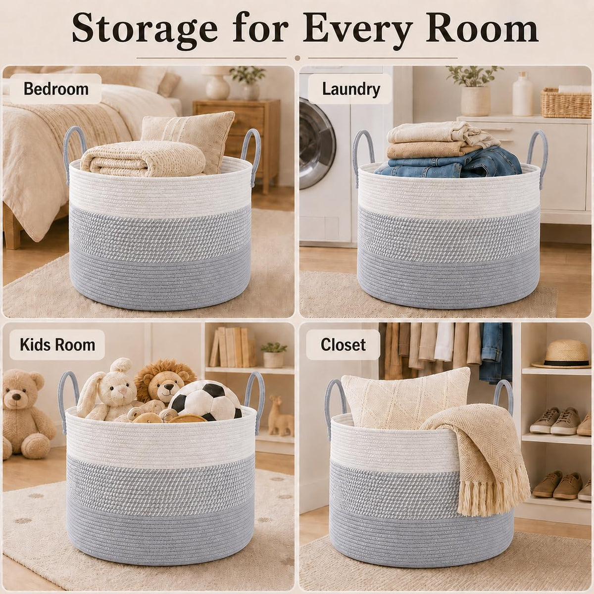 65L Extra Large Machine Washable Cotton Rope Blanket Basket