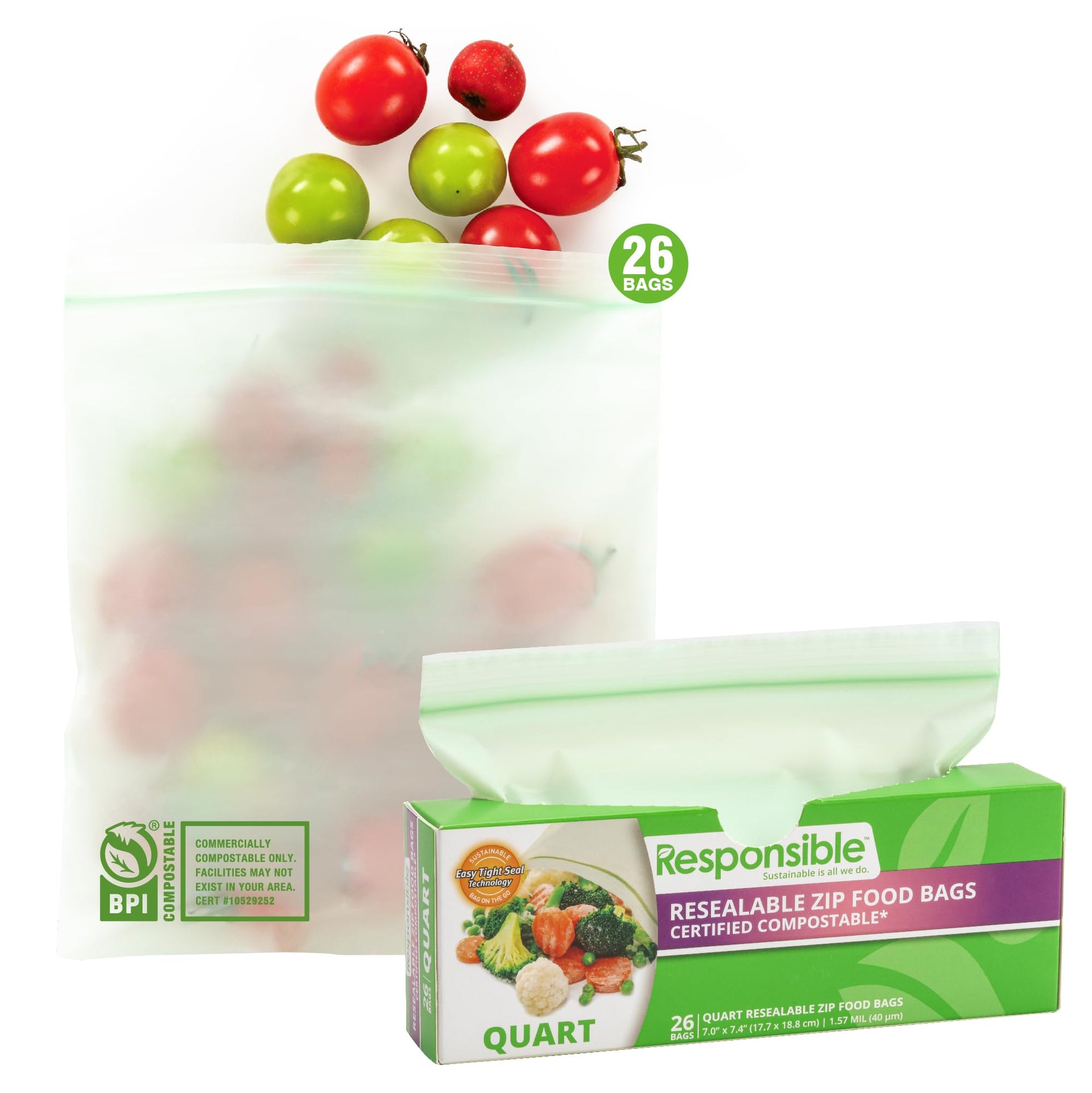 Certified Compostable QUART Resealable Zip Bag (26 Count)