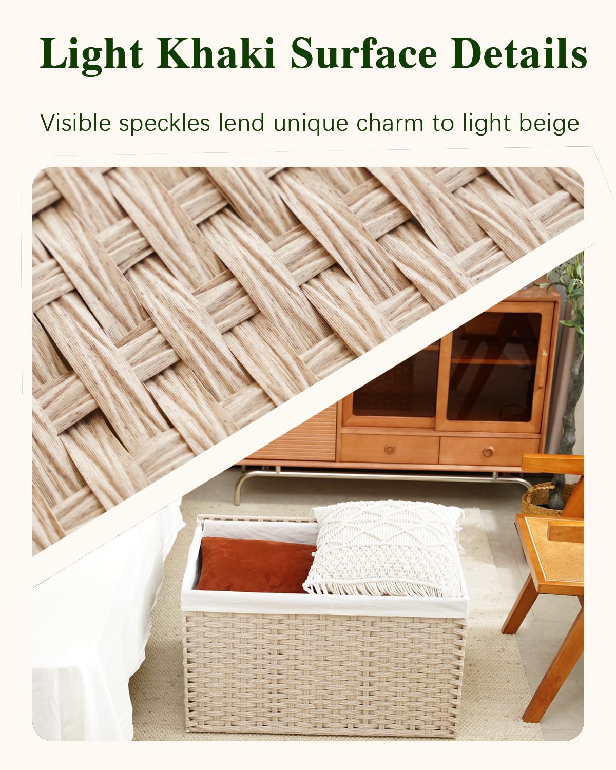 Storage Basket with Lid 160L Wicker Baskets Storage Light Khaki