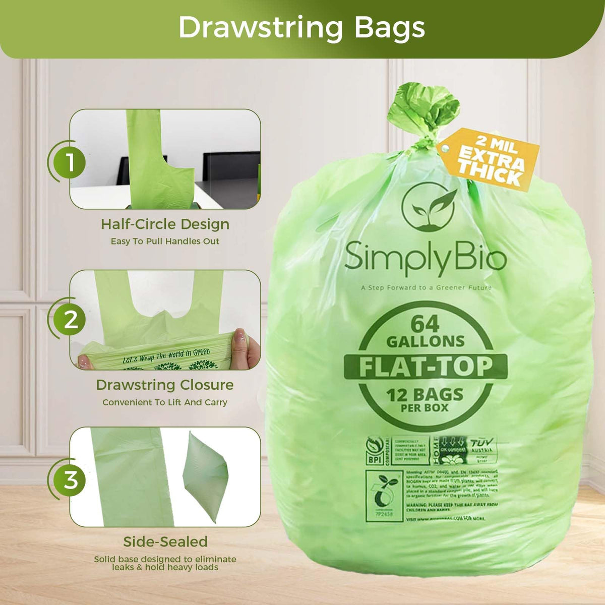 64 Gallon Compostable Trash Bags Flat (12 Count)