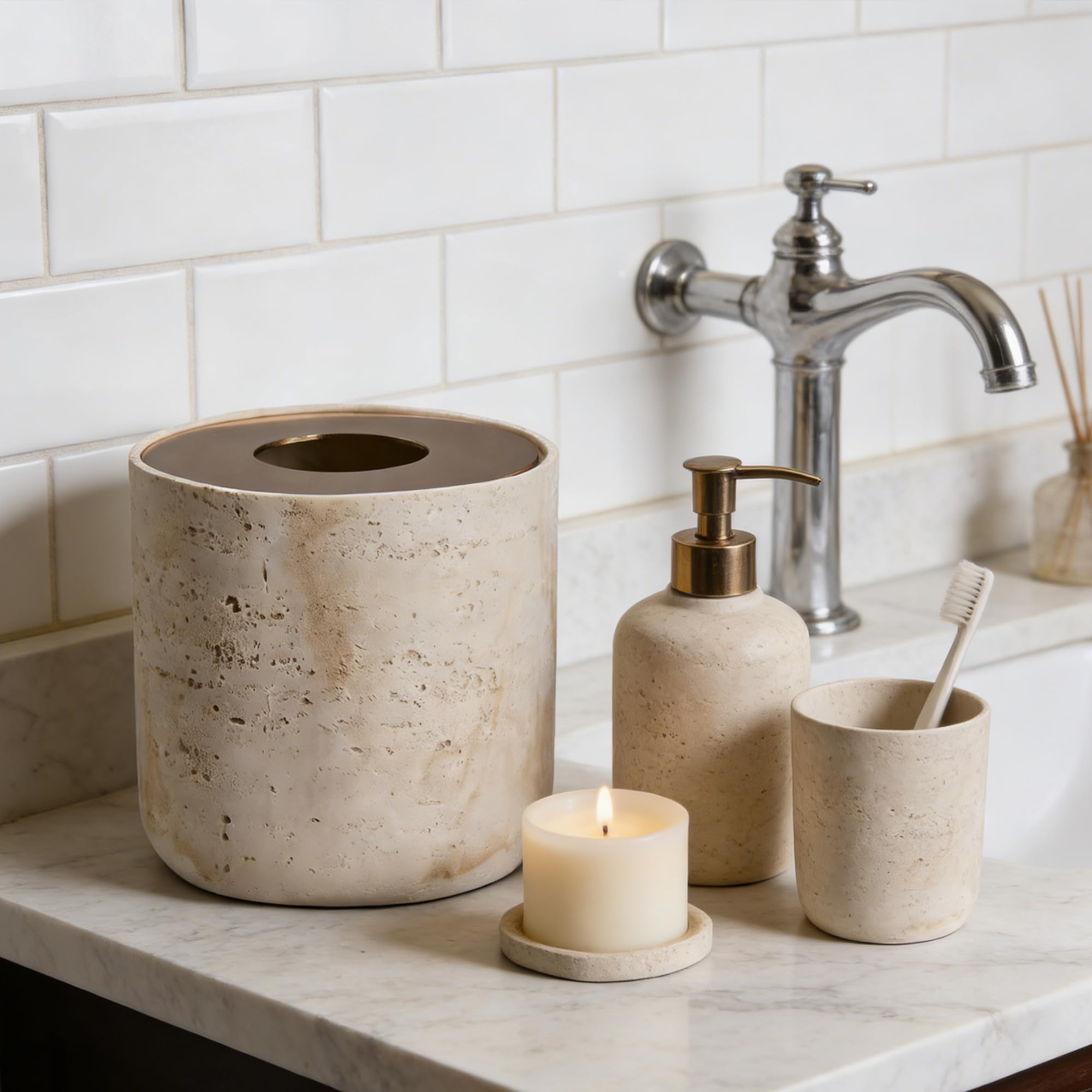 Natural Travertine Textures Mini Trash Can with Rose Gold Stainless Steel Lid