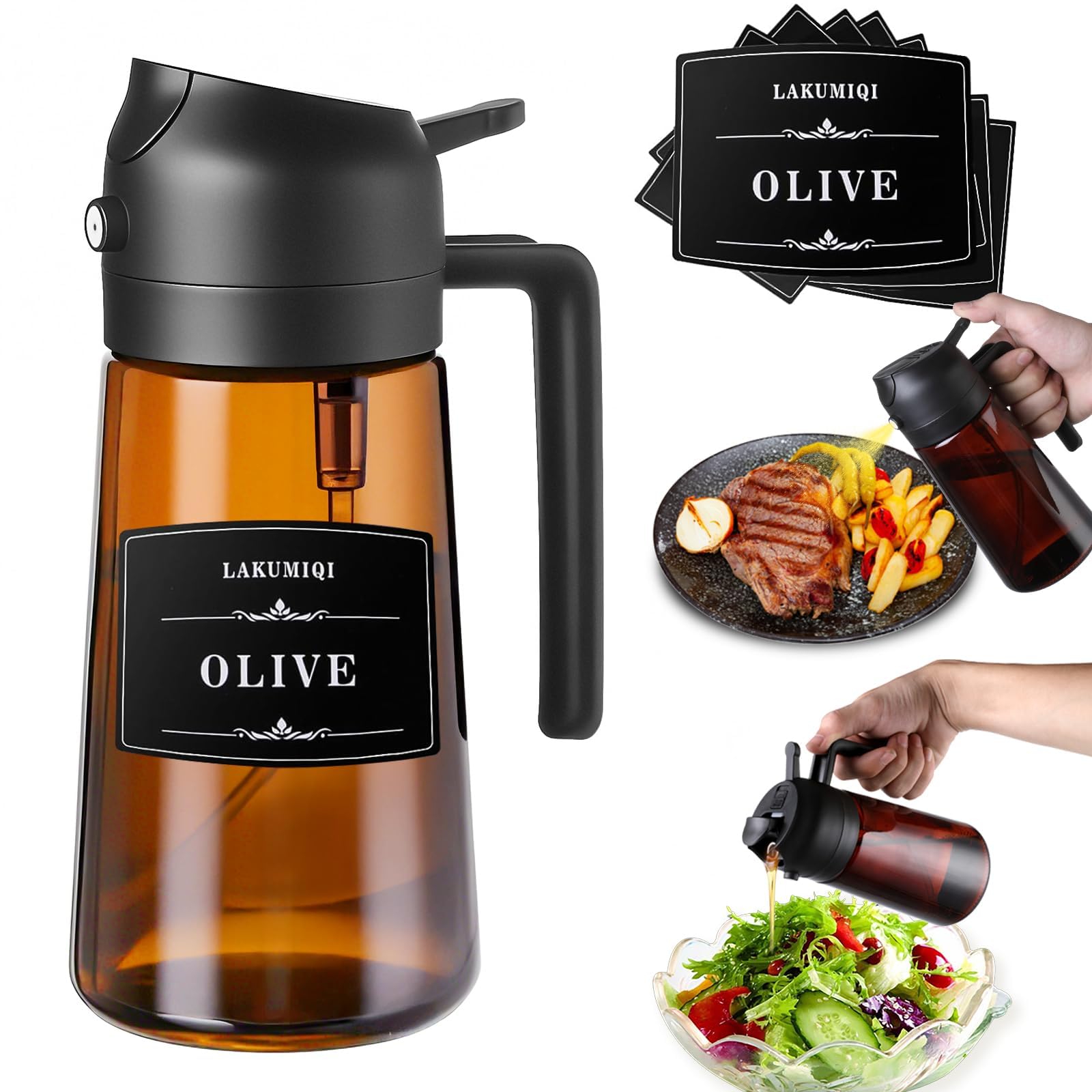 Oliver Oil Sprayer Dispenser for Cooking Bottle 16oz Dark Glass Black