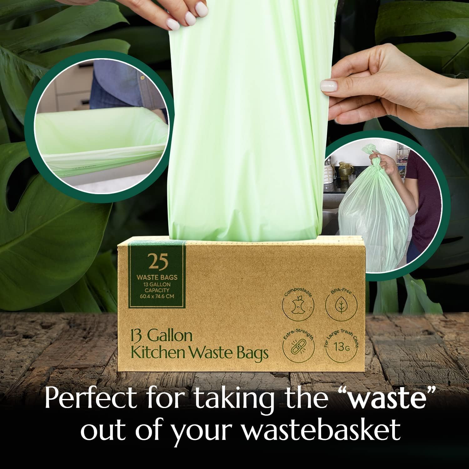 Compostable* 13 Gallon Waste Bags with Drawstring (50 Count)