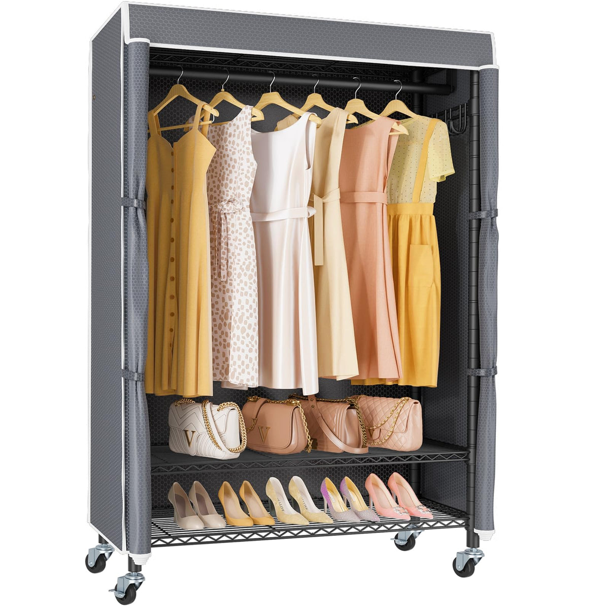 R3C Rolling Clothes Rack with Cover Portable Closet Heavy Duty