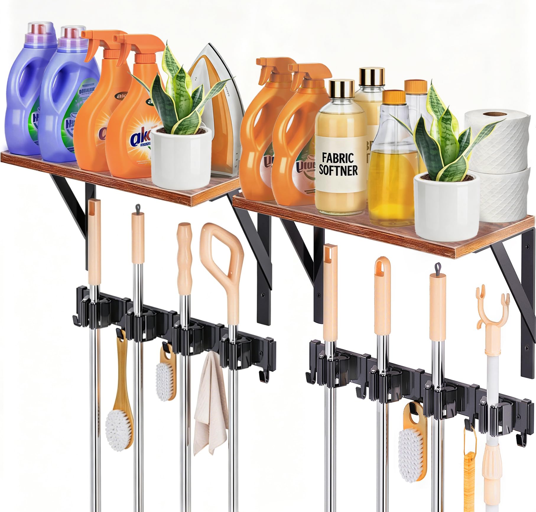 2Pack Broom Holder with Organizer Shelf 8 Broom Slots 10 Removable Hooks (2 Count)