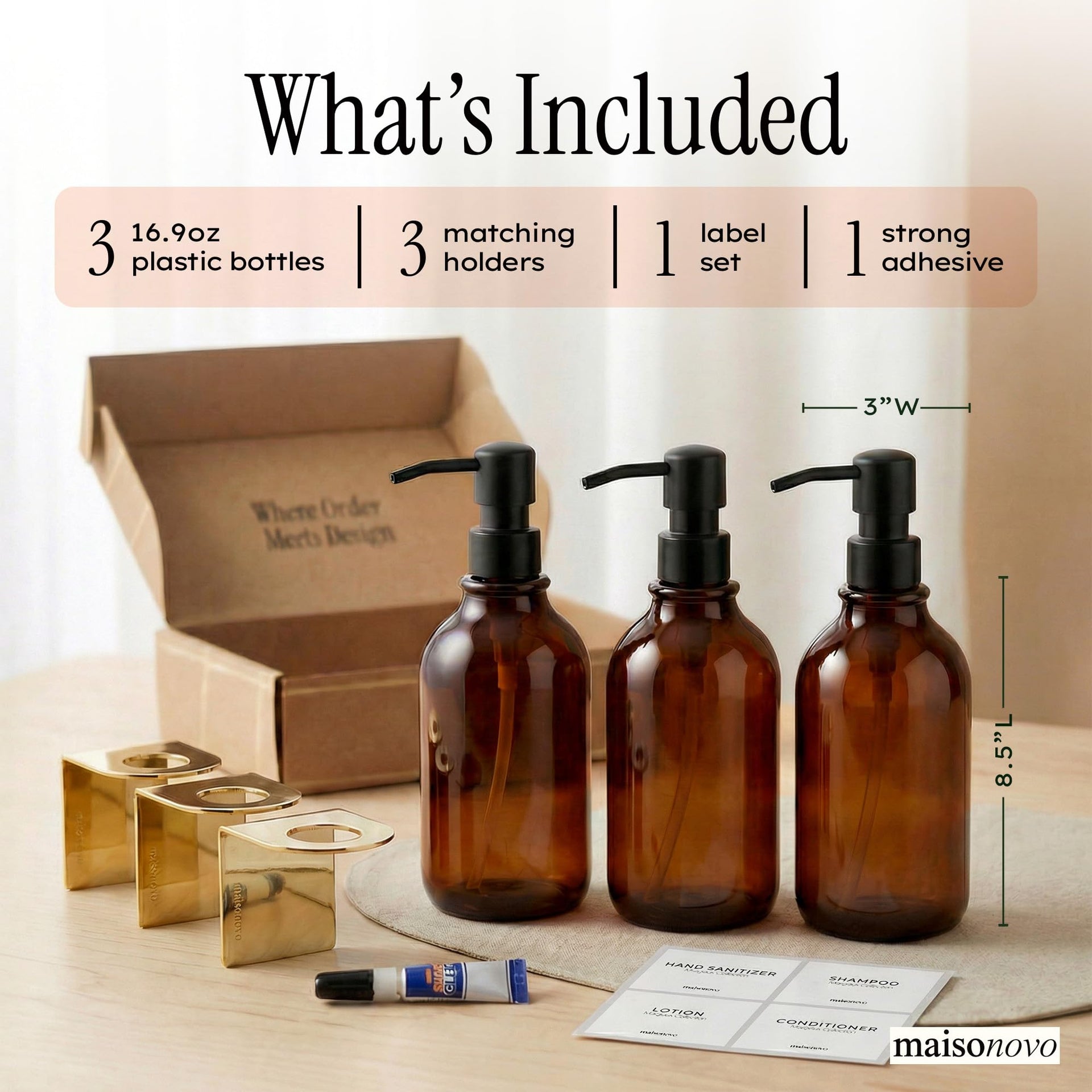 Shampoo and Conditioner Dispenser Wall Mounted Set of 3 Amber Gold (3 Count)