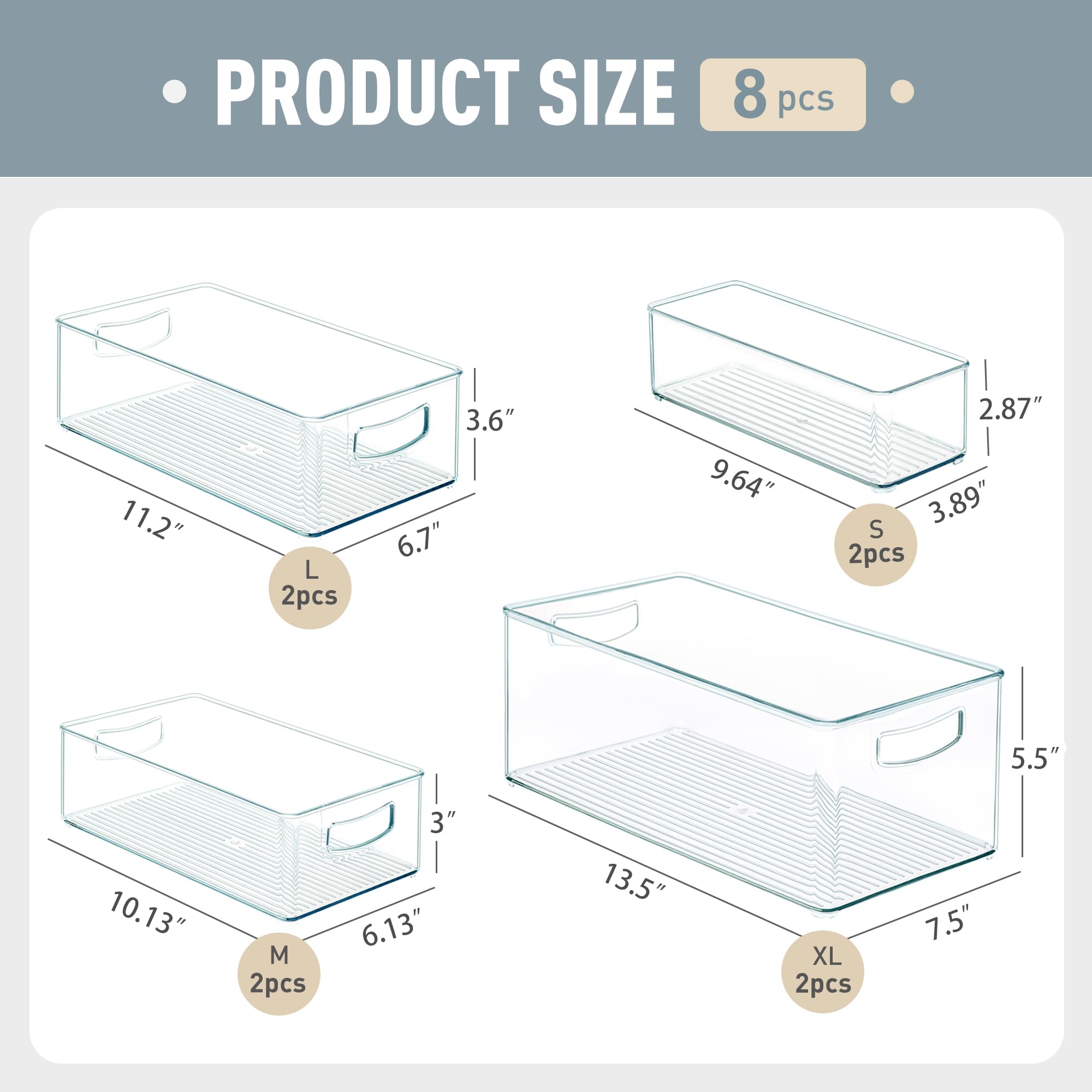 8 PACK Freezer Organizer Bins Fridge Organizers and Storage Stackable Refrigerator Organizers Bins with Side Handles Clear Storage Bins for Pantry (8 Count)