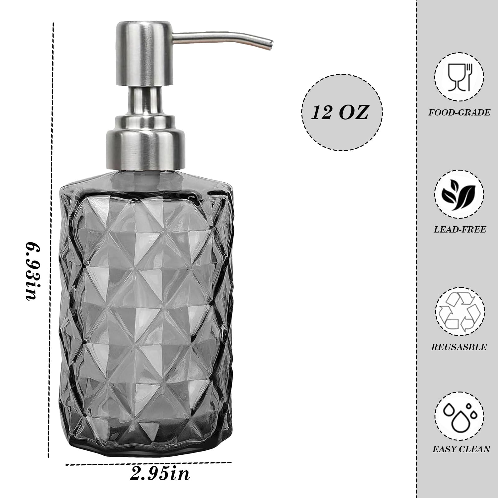 12Oz Gray Glass Soap Dispenser