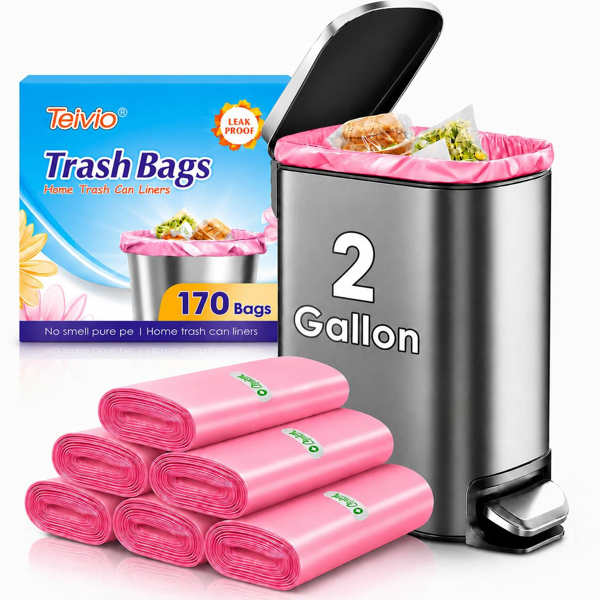 Pink Trash Bags 2 Gallon 170 Count Bathroom Garbage Bags (120 Count)