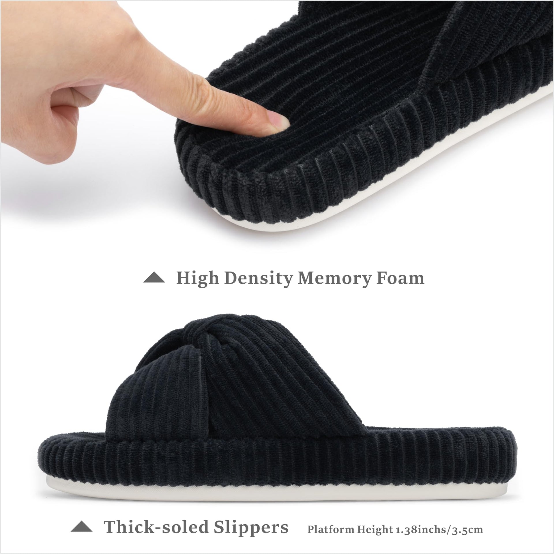 Slippers for Women Memory Foam House Bedroom Corduroy Bow Crossbands Slipper Shoes Comfy Trendy Gift Slippers Black Size 5 6 5.5