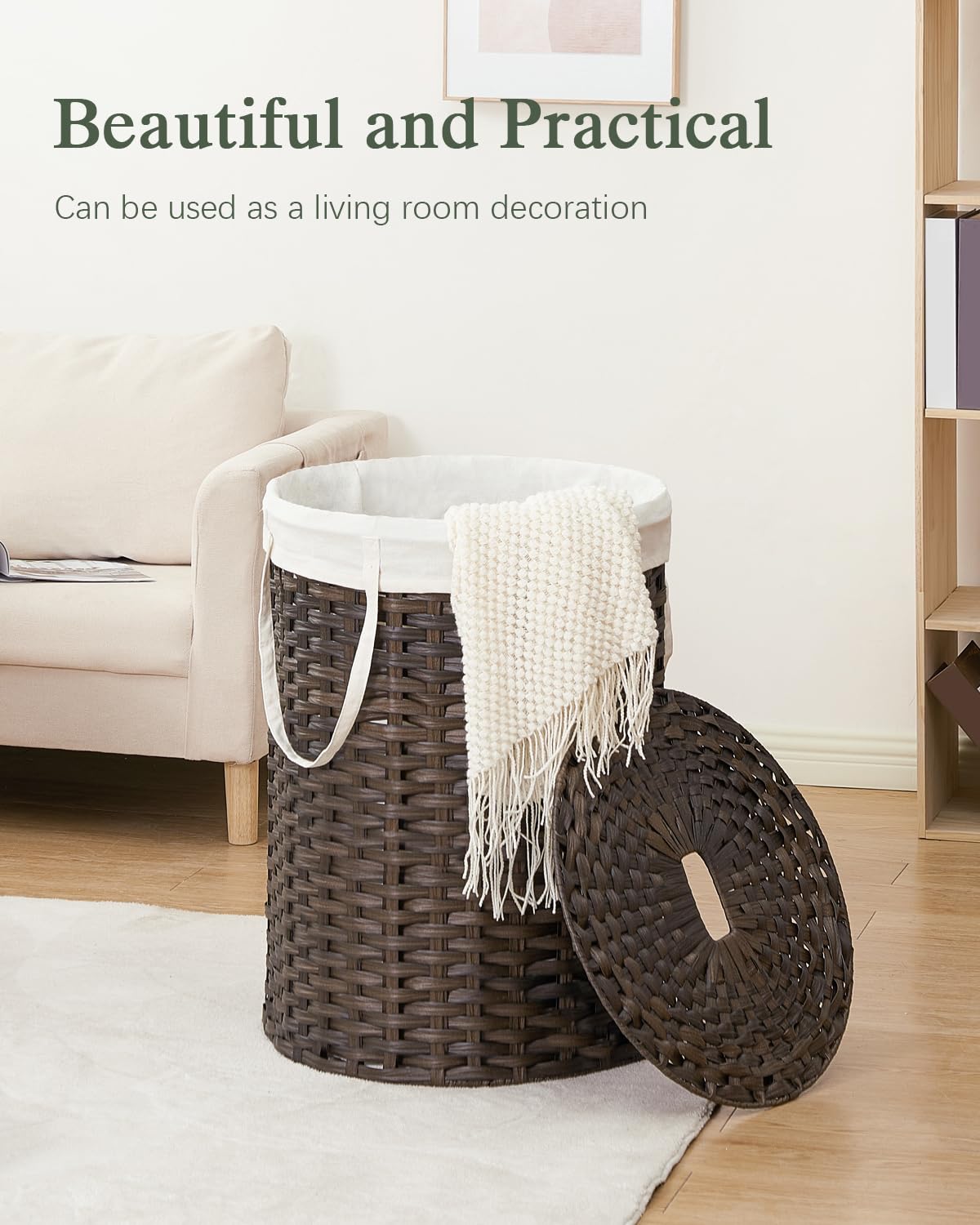 Laundry Basket with Lid Round Rattan PE Laundry Hamper