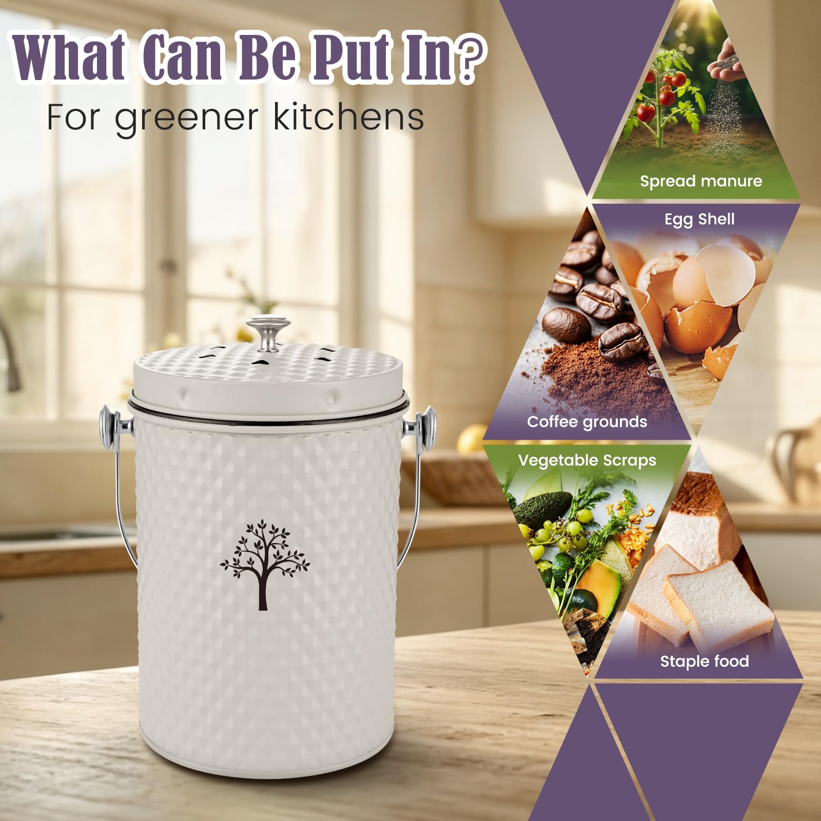 Countertop Kitchen Odorless Compost Bin with Removable Inner Bucket