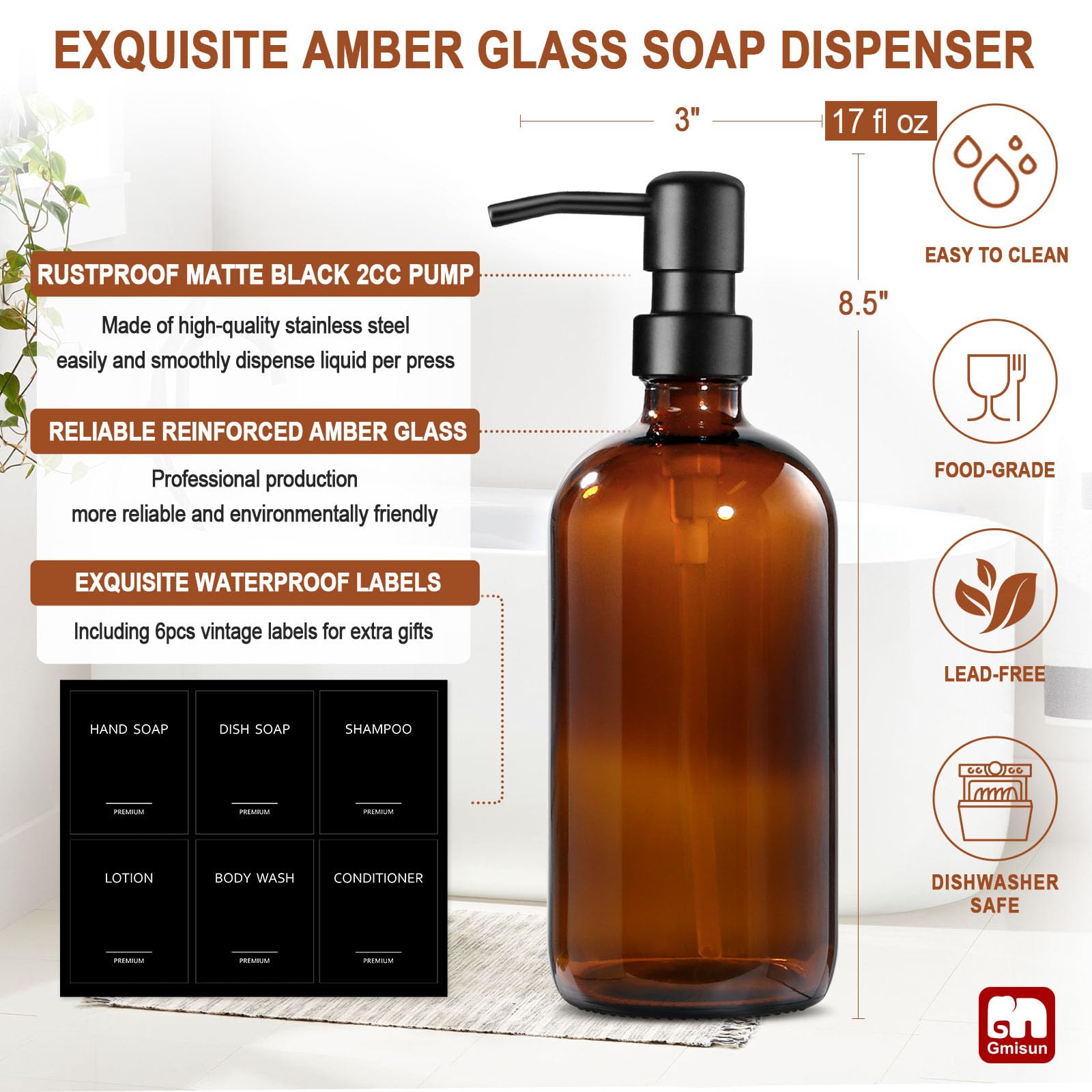 Amber Glass Soap Dispenser (2 Count)