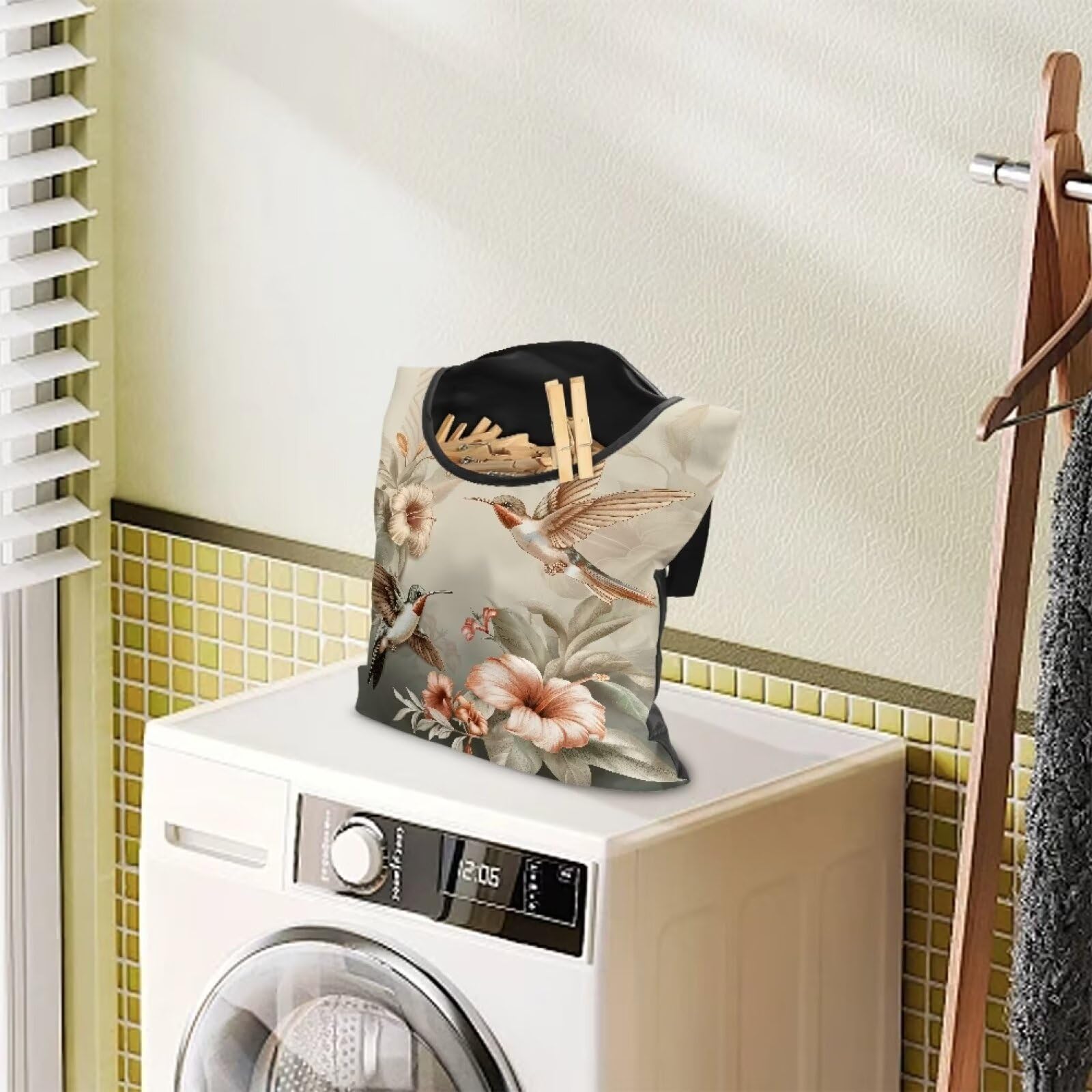 Hummingbird Clothes Pin Bag Poeny Flowers Clothes Pin Hanging Bag Fashion Clothespin Organizer Bag Portable Clothespin Storage with Large Opening Clothespin Storage for Small Items