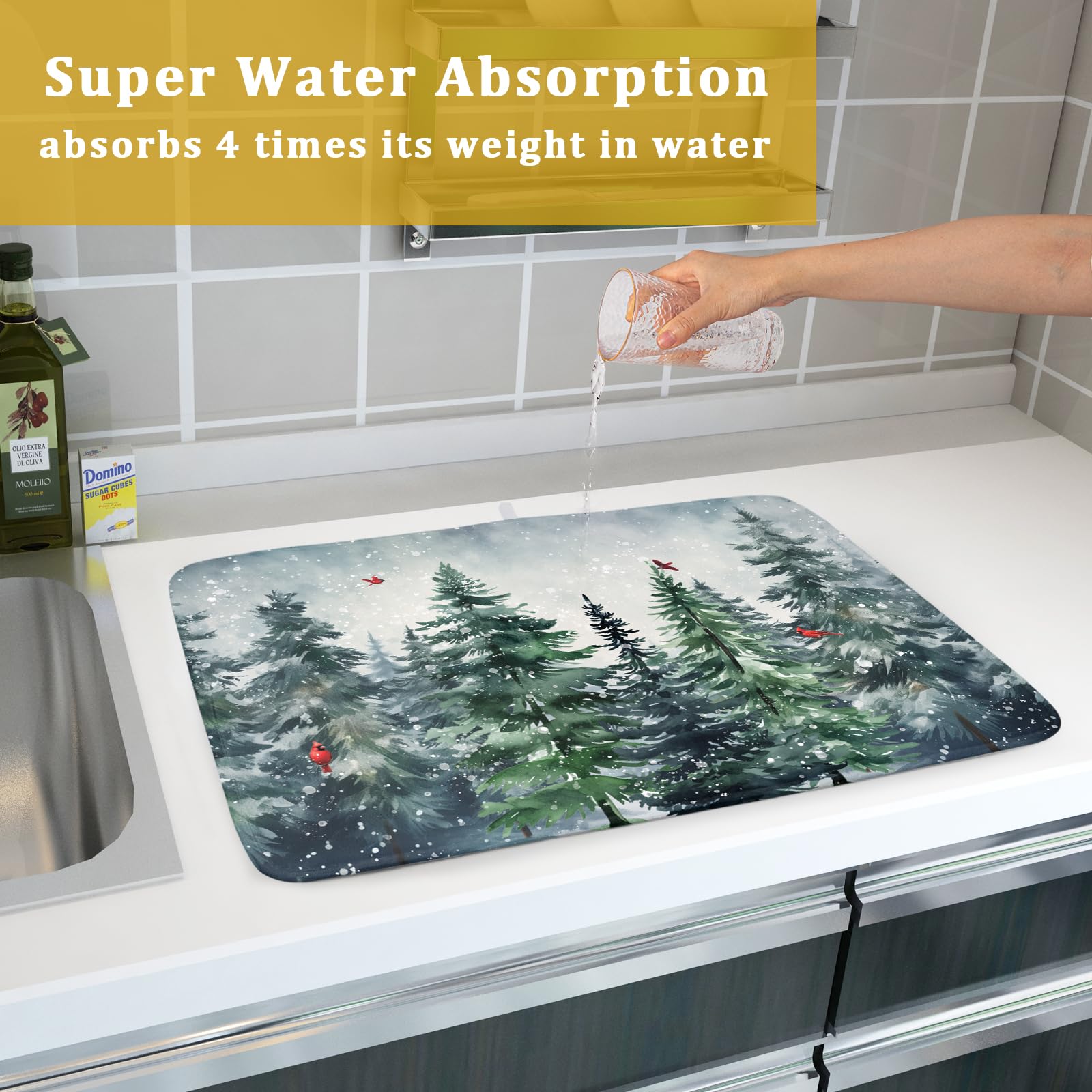 Winter Pine Tree Dish Drying Mat for Kitchen Counter 16x18 Inch Winter Snowflake Xmas Forest Dish Draining Mat Christmas Decorations Fast Absorbent Tableware Dishes Pad for Coffee Bar Countertop