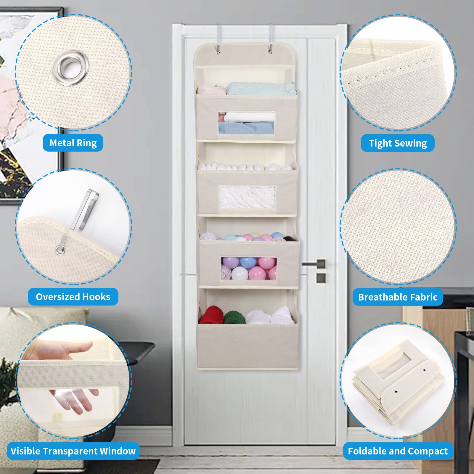 4 Shelf Over The Door Hanging Organizer with 2 Metal Hooks