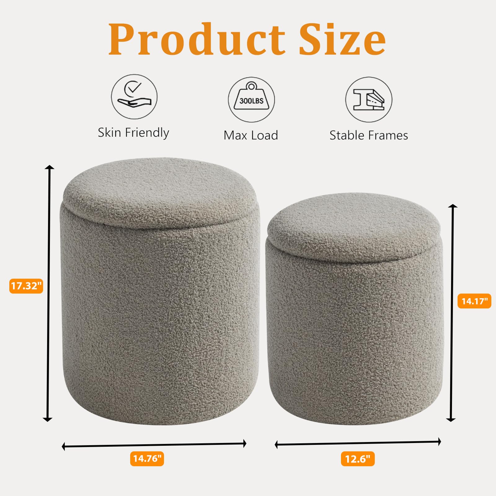 Round Ottoman with Storage Set of 2 Gray Sherpa Vanity Stool (2 Count)