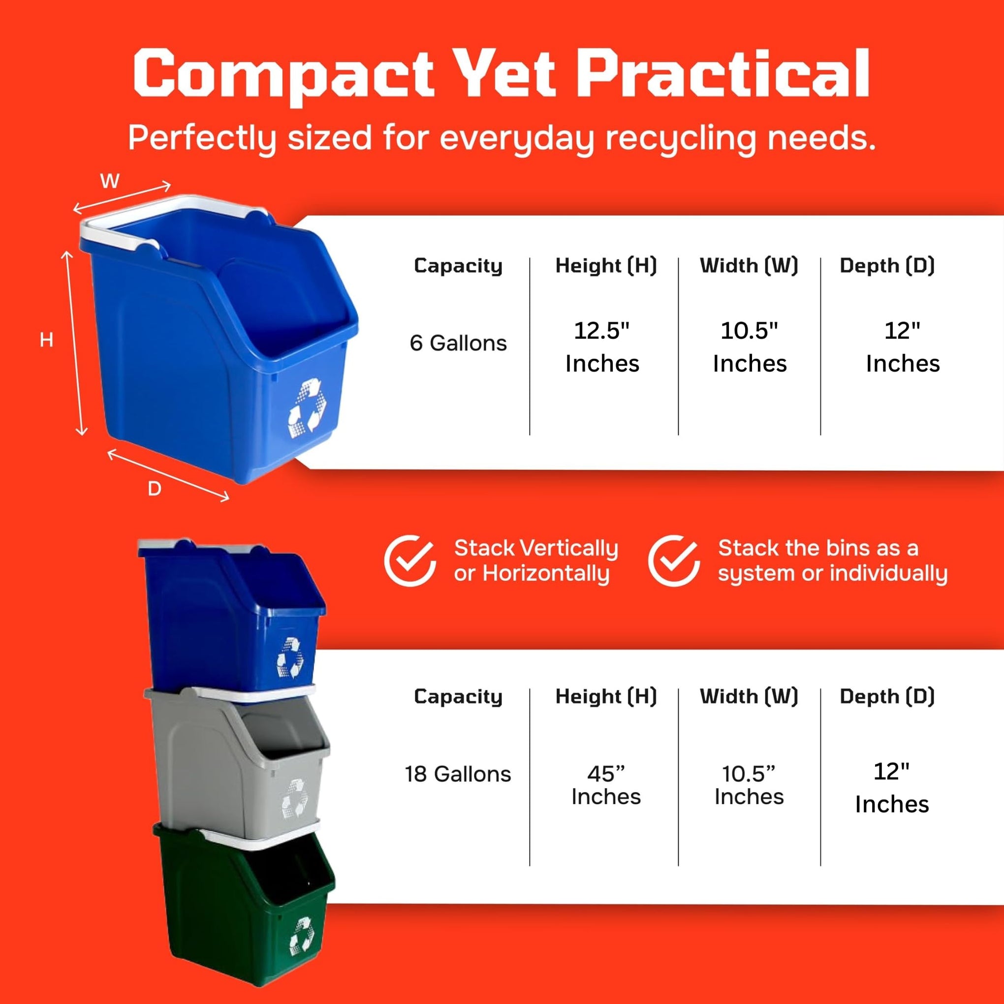 Multi Bin Recycling System with Three Stackable 6 Gallon Small (3 Count)