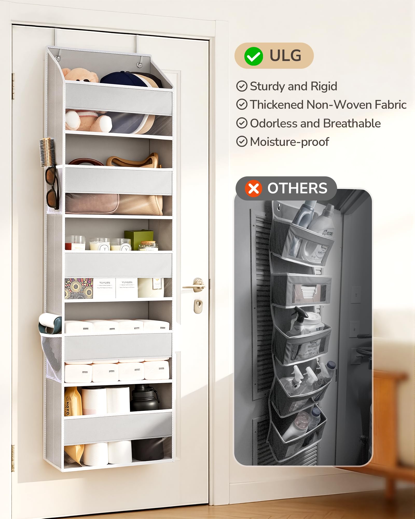 2-Pack Over-The-Door Organizer 5 Tiers, – Hanging Storage Organizer with 4 Mesh Side Pockets,Space Saving Closet Door Organizer for Clothes, Shoes, Toys, Accessories Light Gray