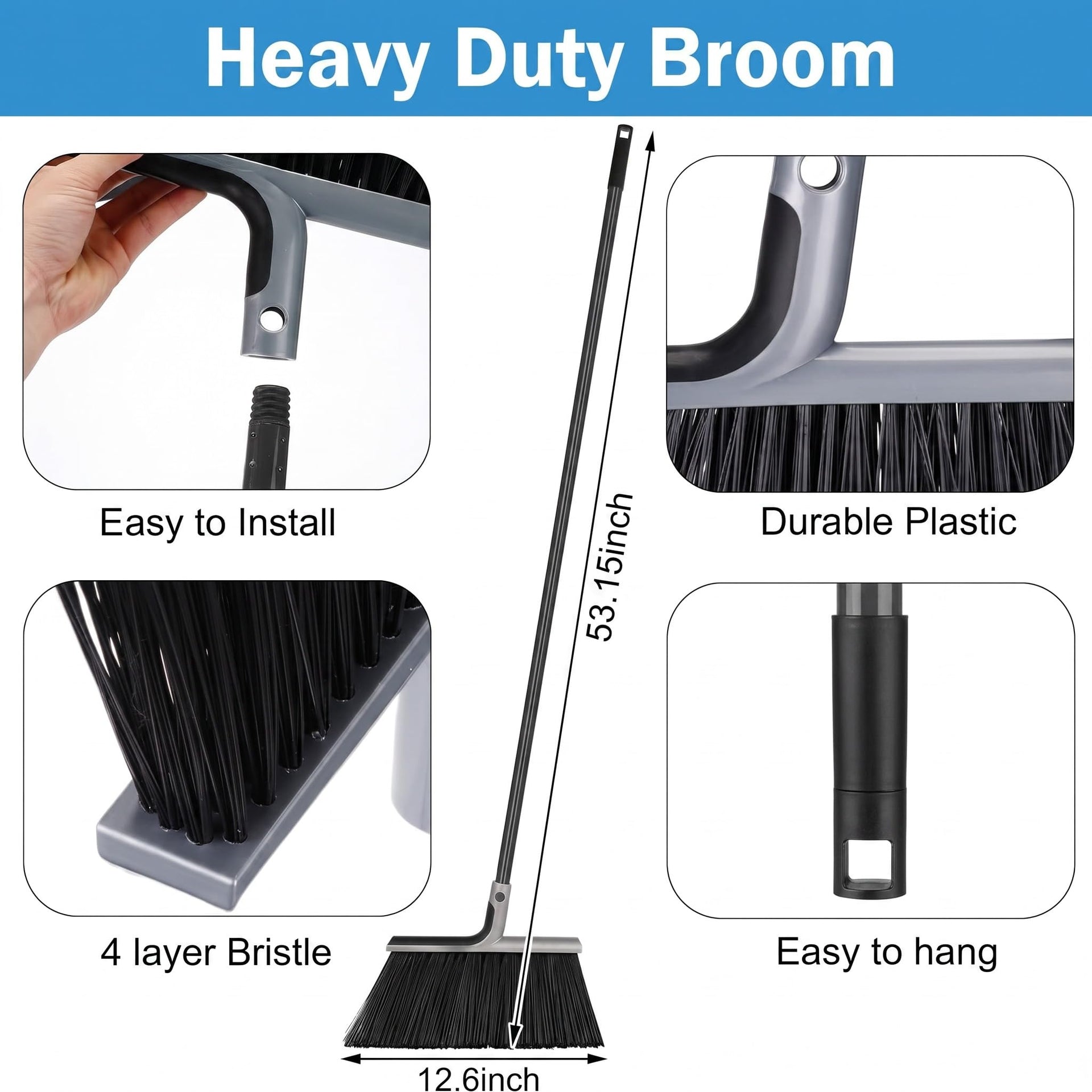 4 Pack Commercial Broom and Dustpan Combo Set 53.15"