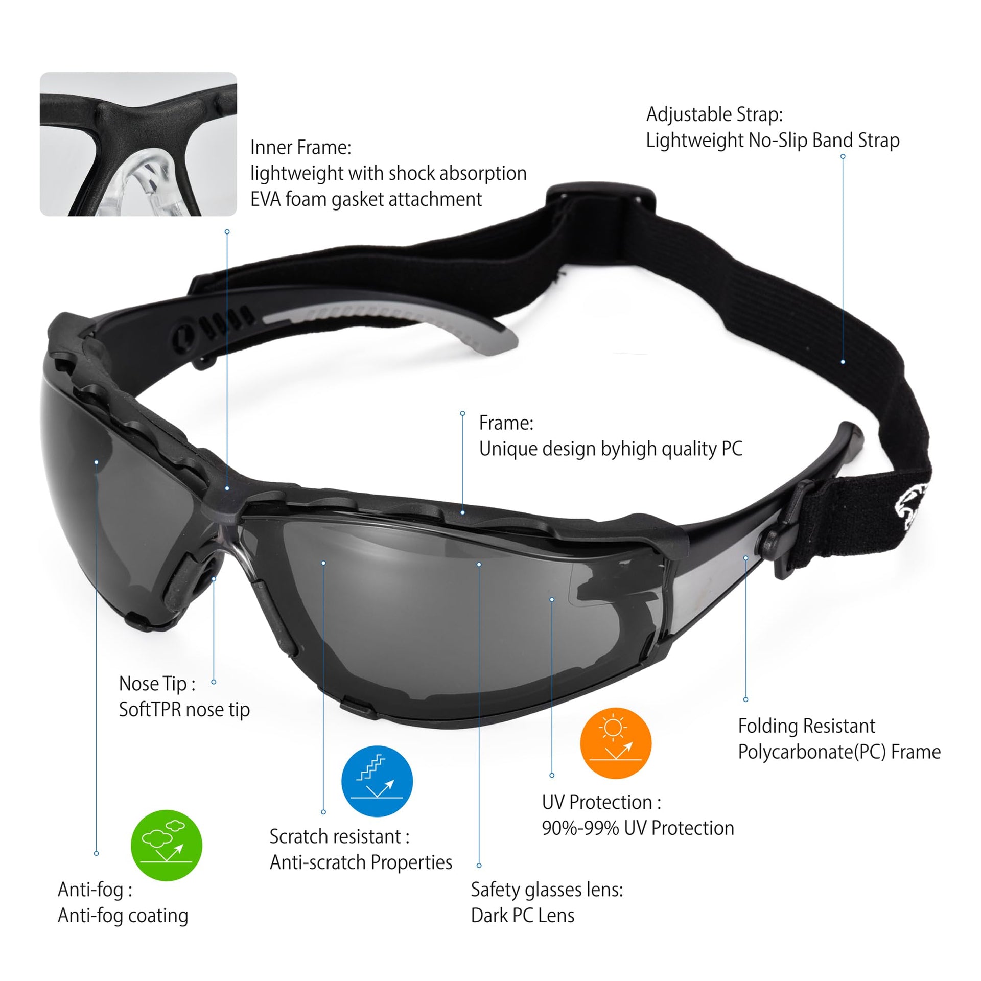 Safety Glasses Anti Fog Scratch Resistant ANSI Z87.1 CE Protective Eyewear with Foam Gasket Adjustable Strap