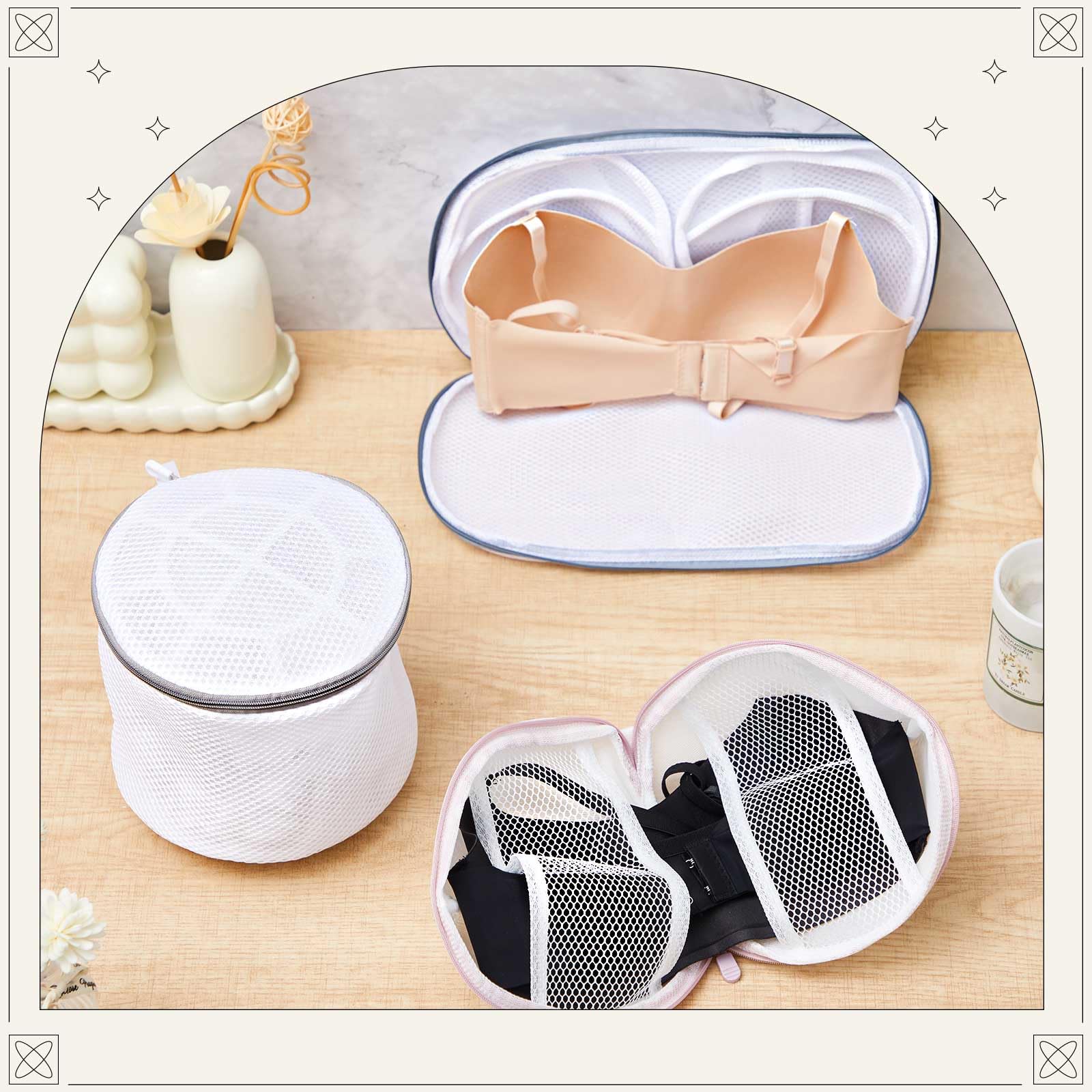 6 Pack Bra Washing Bags for Laundry 3 Styles Mesh Bra Wash Bags Zippered Lingerie Wash Protector for A (6 Count)