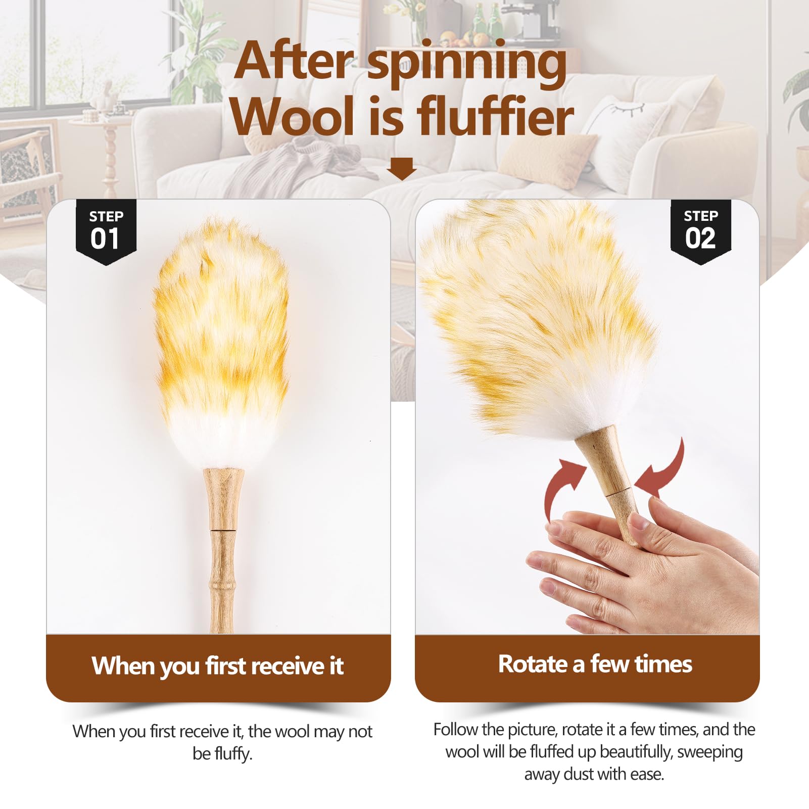 Lambswool Duster for Cleaning with Solid Wooden Handle Leather Hang Strap 14.9 inch Natural Feather Duster for Cleaning Ceiling Fans Window Blinds Computer Furniture